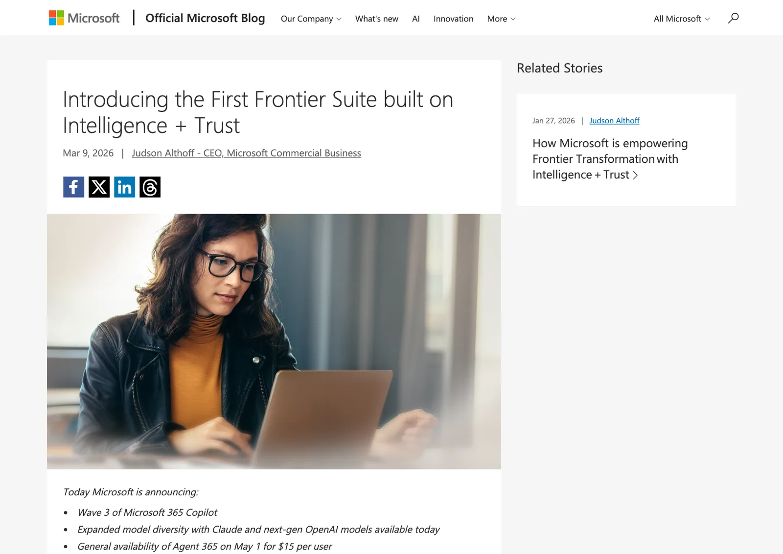 โพสต์ Introducing the First Frontier Suite built on Intelligence + Trust บน The Official Microsoft Blog