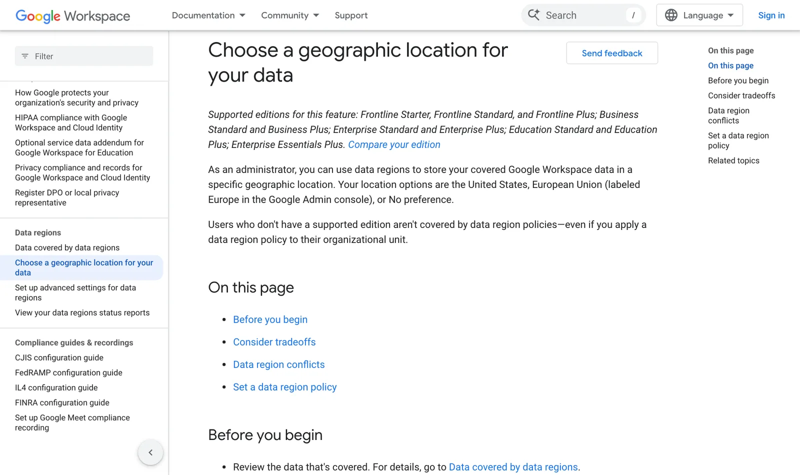 ภาพหน้าจอหน้าช่วยเหลือ Choose a geographic location for your data ของ Google Workspace ระบุแผนที่รองรับ และตำแหน่งที่เลือกได้คือ United States, European Union หรือ No preference