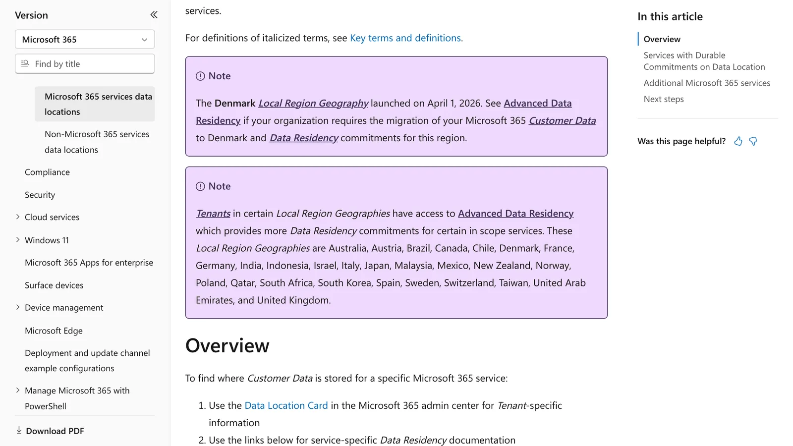 ภาพหน้าจอเอกสาร Microsoft 365 services data locations บน Microsoft Learn หมายเหตุรายชื่อ Local Region Geographies ที่ใช้ Advanced Data Residency ได้ 27 ประเทศ ซึ่งไม่มีประเทศไทย
