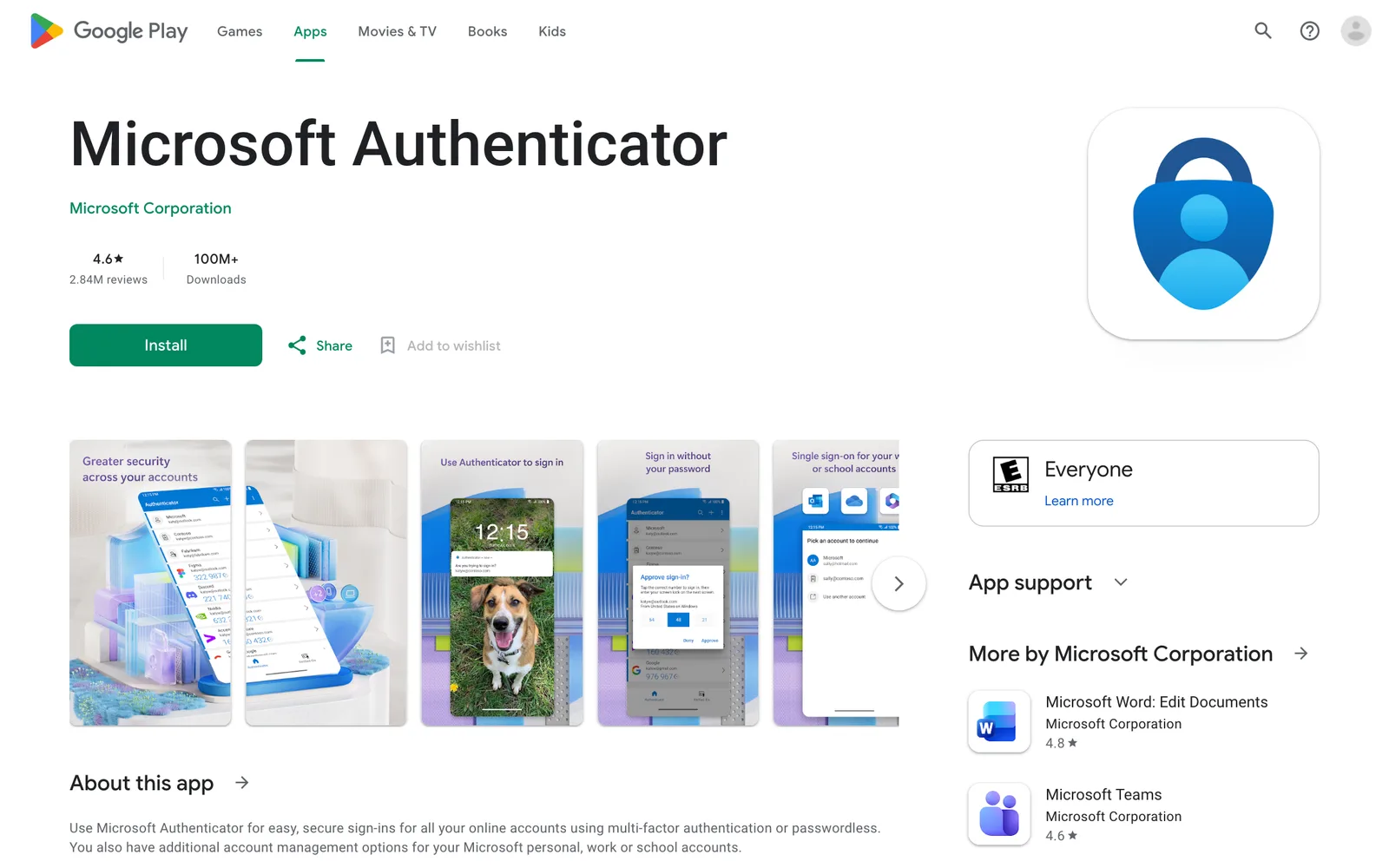 หน้า Microsoft Authenticator บน Google Play ระบุยอดดาวน์โหลดมากกว่า 100 ล้านครั้งและคะแนน 4.6 ดาว ซึ่งเป็นช่องทางอัปเดตแอปให้พ้น CVE-2026-80097