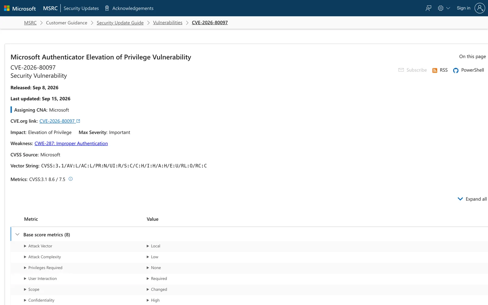 หน้าประกาศ CVE-2026-80097 ใน Security Update Guide ของ Microsoft เผยแพร่ 8 กันยายน 2026 อัปเดต 15 กันยายน 2026 ระดับ Important CVSS 3.1 ที่ 8.6 จุดอ่อน CWE-287