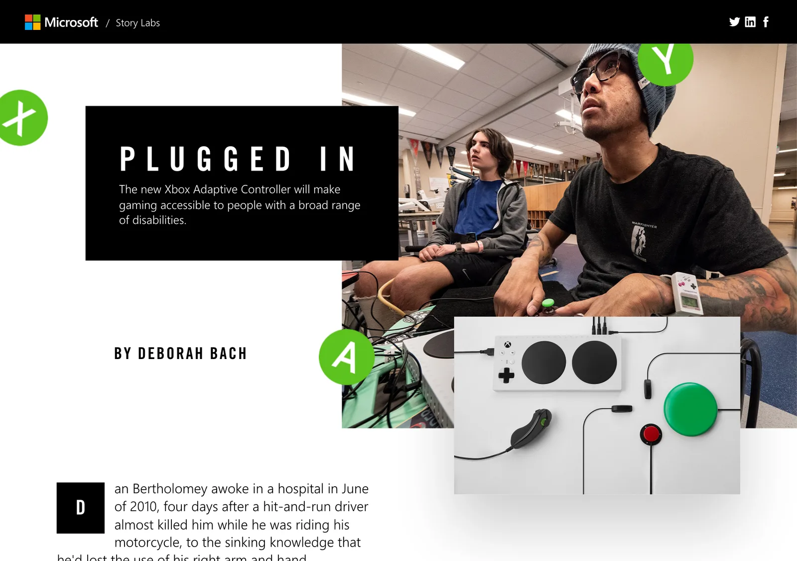 หน้าเรื่องราว Plugged In ของ Microsoft Story Labs เกี่ยวกับ Xbox Adaptive Controller จอยเกมสำหรับผู้ที่มีความพิการ