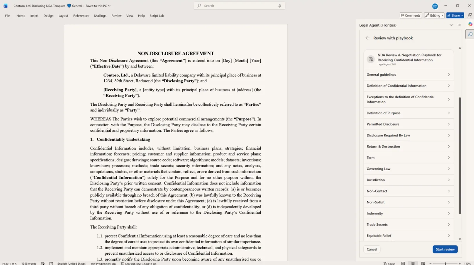 หน้าจอ Microsoft Word ที่เปิดสัญญา Non-Disclosure Agreement พร้อมแผง Legal Agent (Frontier) เมนู Review with playbook แสดงหัวข้อตรวจ เช่น Definition of Confidential Information, Term และ Governing Law