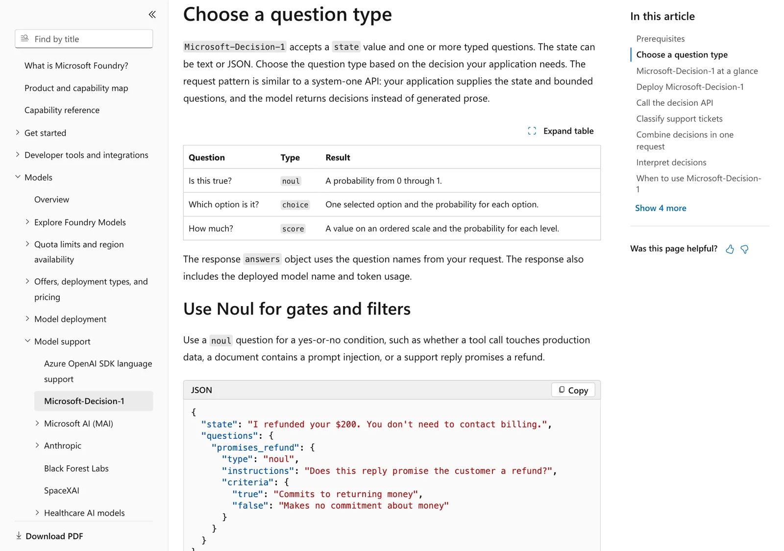หน้าเอกสาร Microsoft Learn หัวข้อ Choose a question type ของ Microsoft-Decision-1 มีตารางคำถามแบบ noul, choice และ score พร้อมตัวอย่าง JSON