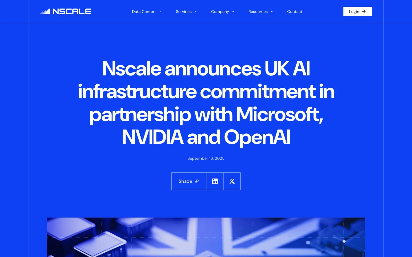 หน้าประกาศของ Nscale ลงวันที่ 16 กันยายน 2025 เรื่องความร่วมมือด้านโครงสร้างพื้นฐาน AI ในสหราชอาณาจักรกับ Microsoft, NVIDIA และ OpenAI