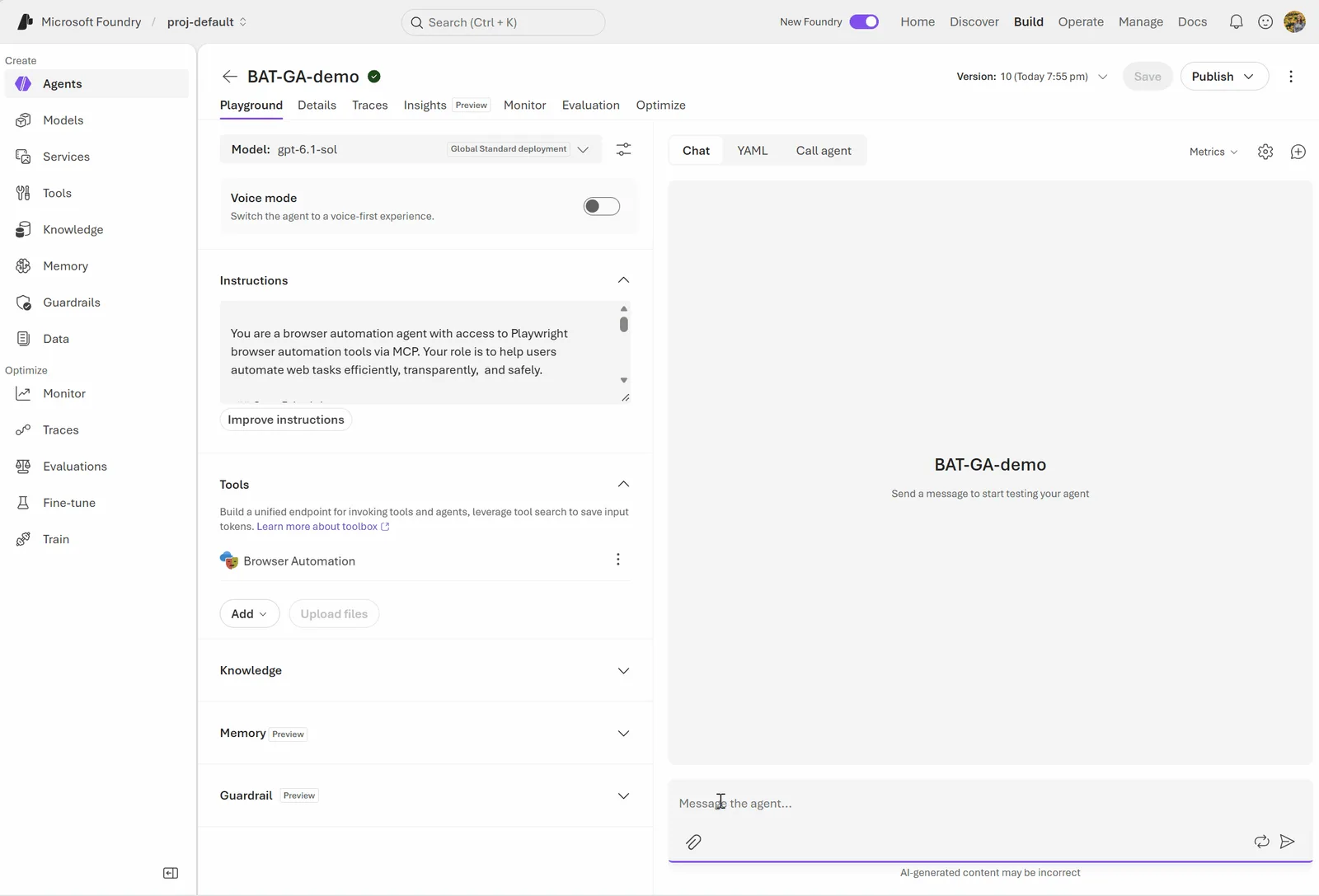 หน้า Playground ของ Microsoft Foundry ที่เพิ่มเครื่องมือ Foundry Browser Automation ให้เอเจนต์ทดสอบชื่อ BAT-GA-demo