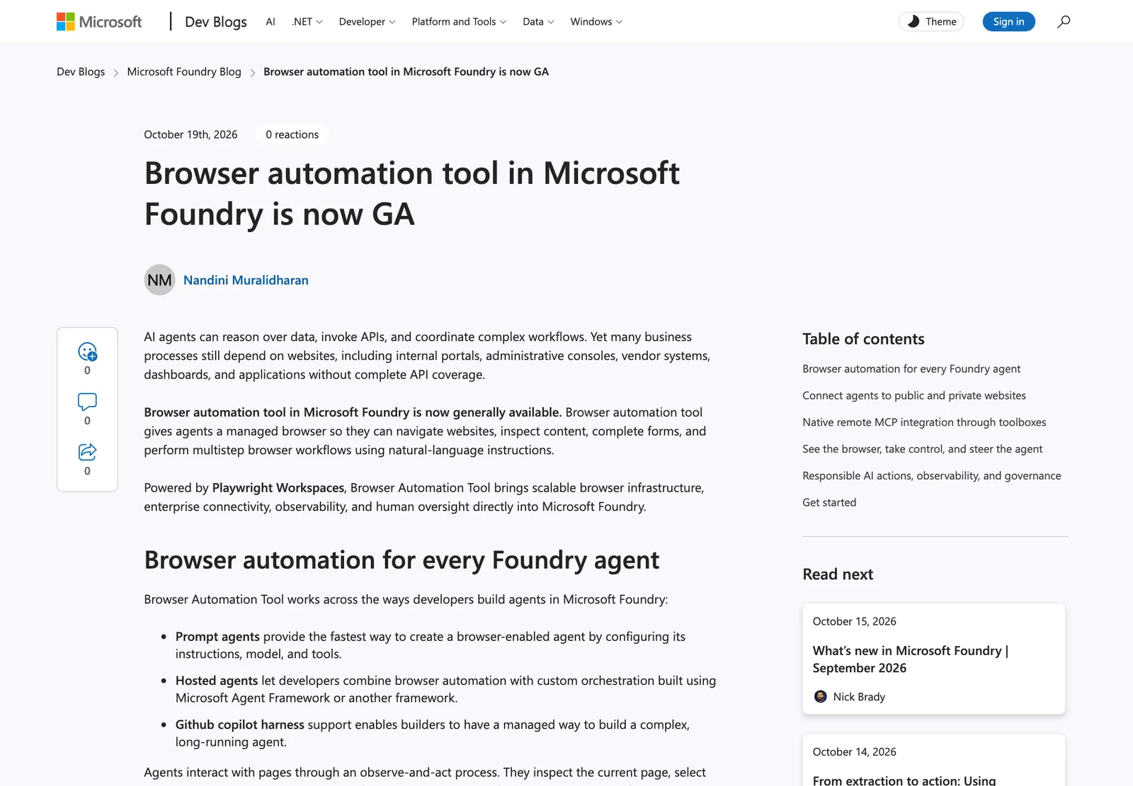 หน้าประกาศ Browser automation tool in Microsoft Foundry is now GA บน Microsoft Foundry Blog วันที่ 19 ตุลาคม 2026