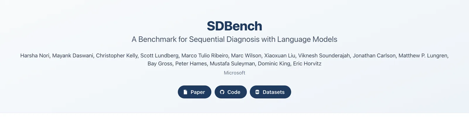 หน้า SDBench ชุดทดสอบการวินิจฉัยทีละขั้นของ Microsoft พร้อมรายชื่อทีมผู้วิจัย