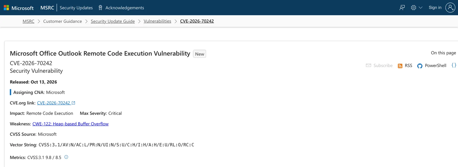 หน้า Security Update Guide ของ CVE-2026-70242 Microsoft Office Outlook Remote Code Execution Vulnerability ระดับ Critical คะแนน CVSS 3.1 9.8 ไม่ต้องใช้สิทธิ์และไม่ต้องให้ผู้ใช้ทำอะไร