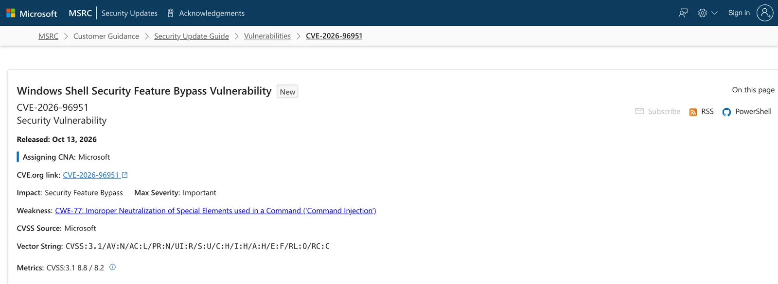 หน้า Security Update Guide ของ CVE-2026-96951 Windows Shell Security Feature Bypass Vulnerability ออก 13 ตุลาคม 2026 ระดับ Important คะแนน CVSS 3.1 8.8 ต้องให้ผู้ใช้ทำบางอย่าง