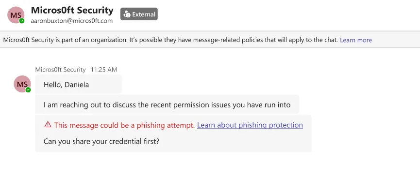 แชตใน Microsoft Teams จากบัญชีภายนอก Micros0ft Security ที่ขอรหัสผ่าน ถูกติดคำเตือนสีแดง This message could be a phishing attempt ตัวอย่างการทำงานของ Teams ตรวจฟิชชิงด้วย AI