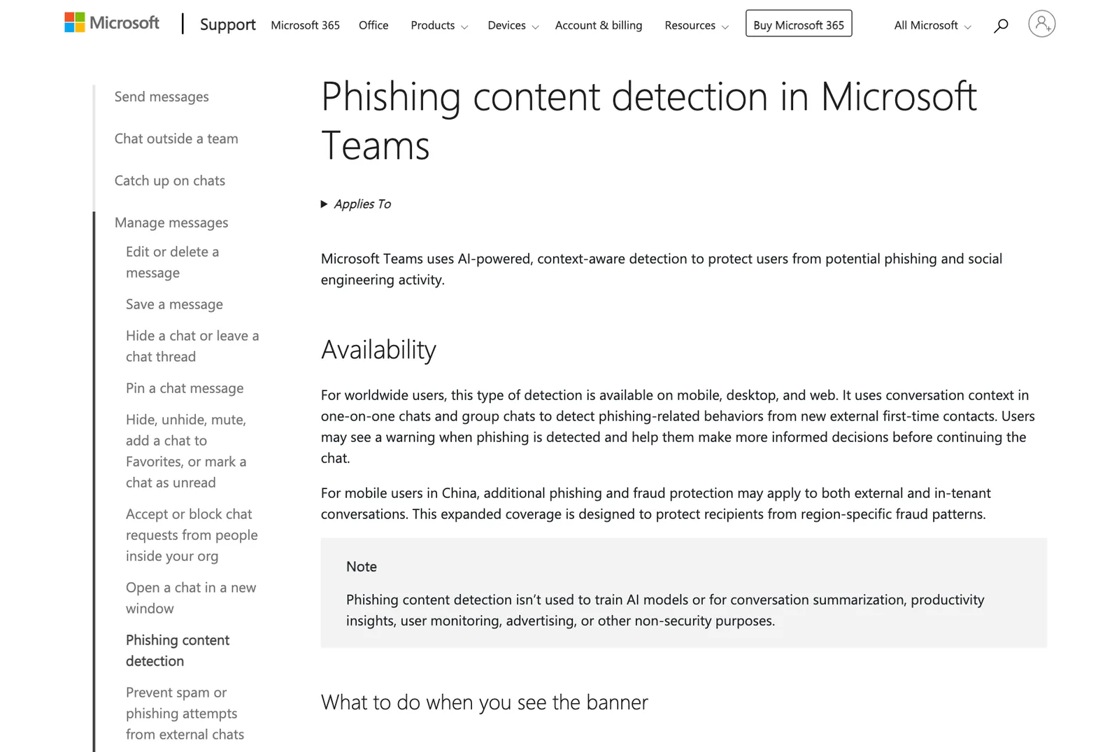 หน้า Microsoft Support เรื่อง Phishing content detection in Microsoft Teams อธิบายการตรวจแชตแรกจากผู้ติดต่อภายนอก และระบุว่าไม่ใช้ฝึกโมเดล AI