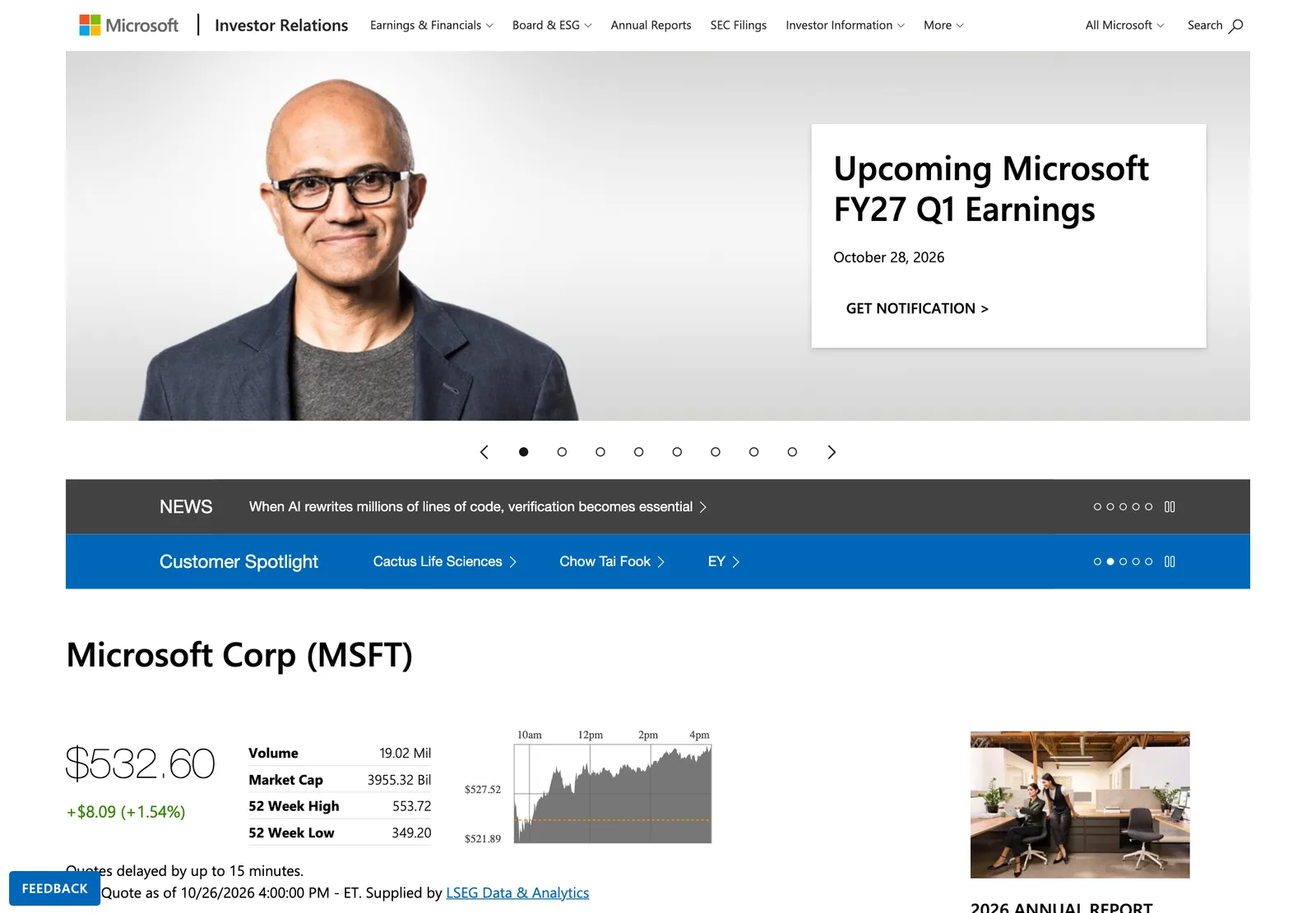 ภาพหน้าจอหน้า Investor Relations ของ Microsoft แสดงกำหนดแถลงผลประกอบการไตรมาส 1 ปีงบ 2027 วันที่ 28 ตุลาคม 2026 และราคาหุ้น MSFT ปิดวันที่ 26 ตุลาคม 2026 ที่ 532.60 ดอลลาร์ เพิ่มขึ้น 1.54%