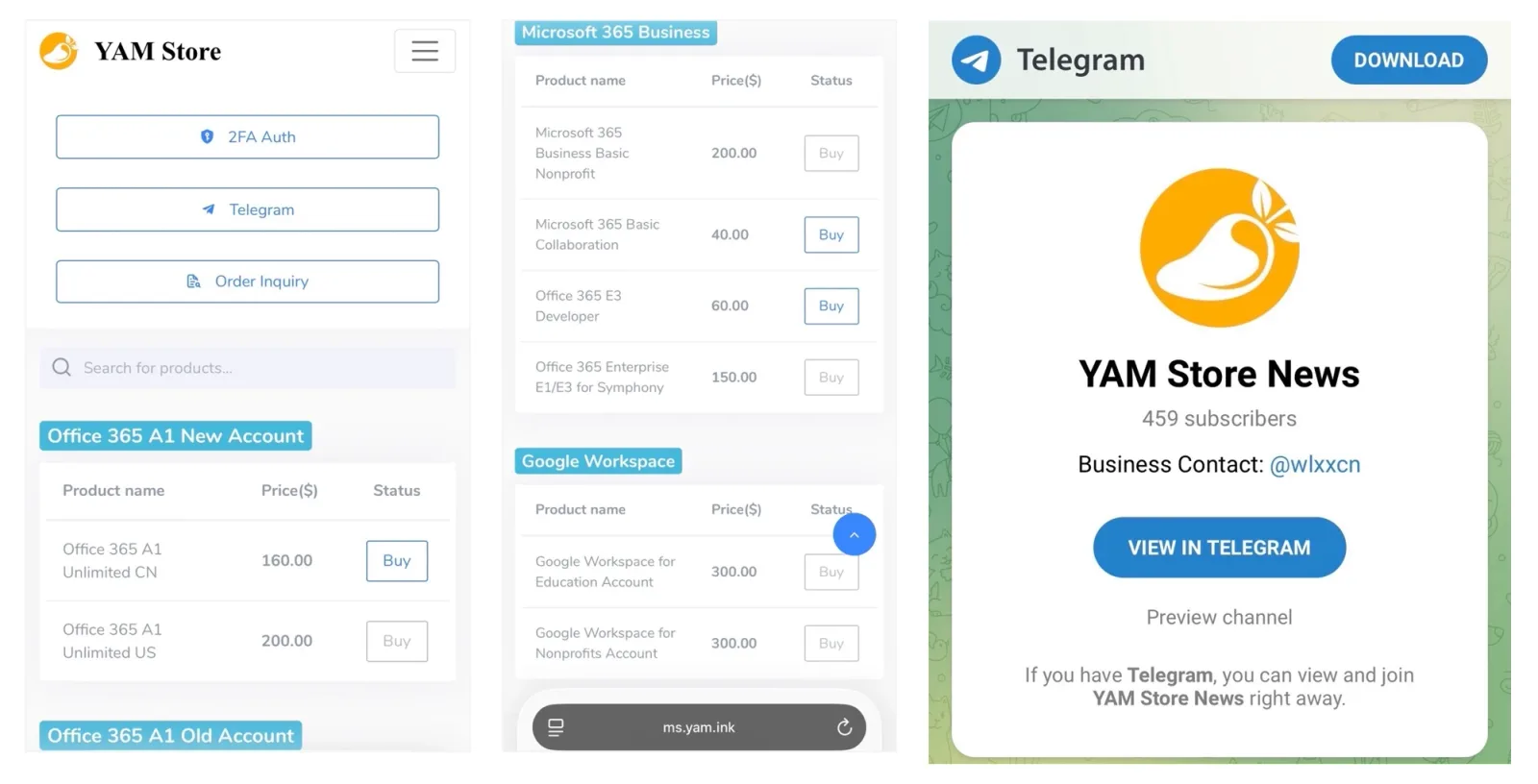 หน้าร้าน YAM Store บนมือถือ แสดงรายการบัญชี Office 365 A1, Microsoft 365 Business และ Google Workspace พร้อมราคาเป็นดอลลาร์ และช่อง Telegram ชื่อ YAM Store News