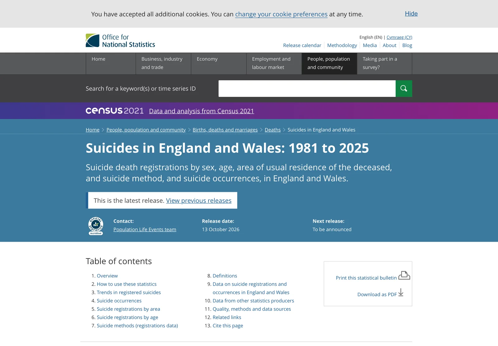 หน้ารายงาน Suicides in England and Wales: 1981 to 2025 ของ ONS เผยแพร่ 13 ตุลาคม 2026 แหล่งข้อมูลสุขภาพจิตผู้ชายวัยกลางคนในอังกฤษและเวลส์