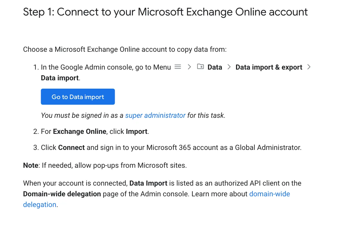 ขั้นตอนที่ 1 ของการย้ายอีเมลไป Google Workspace จาก Exchange Online: ไปที่ Menu > Data > Data import & export > Data import ด้วย super administrator คลิก Import แล้ว Connect ด้วยบัญชี Global Administrator ของ Microsoft 365
