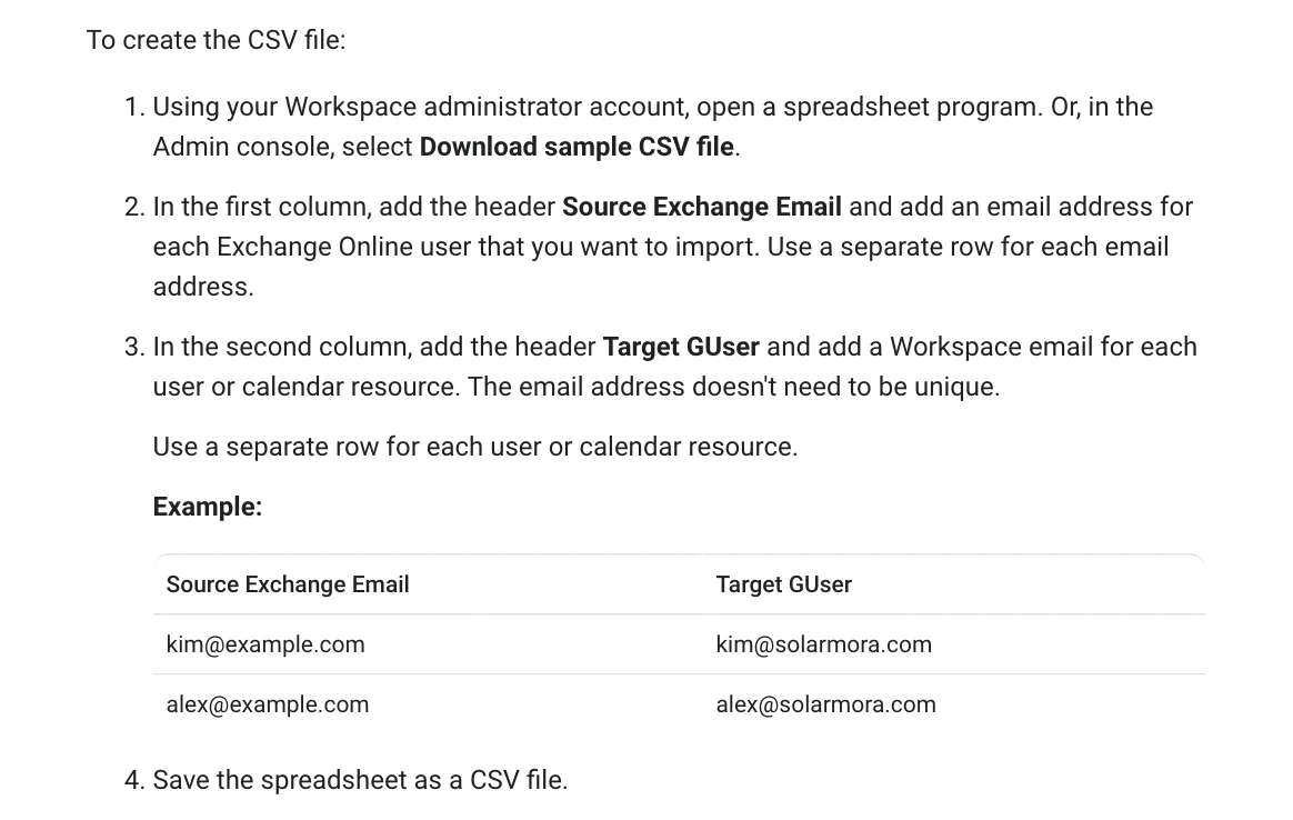 วิธีสร้างไฟล์ CSV สำหรับจับคู่ผู้ใช้ Exchange Online กับ Google Workspace มีหัวคอลัมน์ Source Exchange Email และ Target GUser พร้อมตัวอย่าง kim@example.com ไป kim@solarmora.com