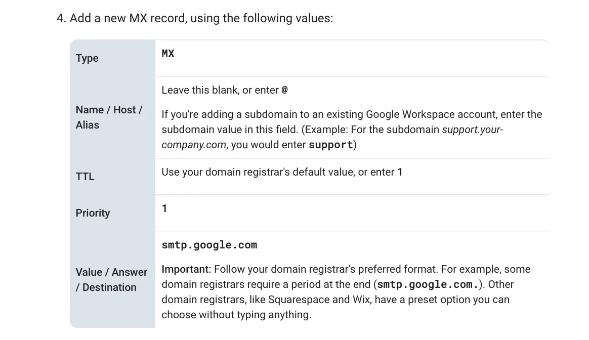 ตารางค่าระเบียน MX ของ Google Workspace: Type MX, Name เว้นว่างหรือใส่ @, TTL ค่าเริ่มต้นหรือ 1, Priority 1 และค่า smtp.google.com