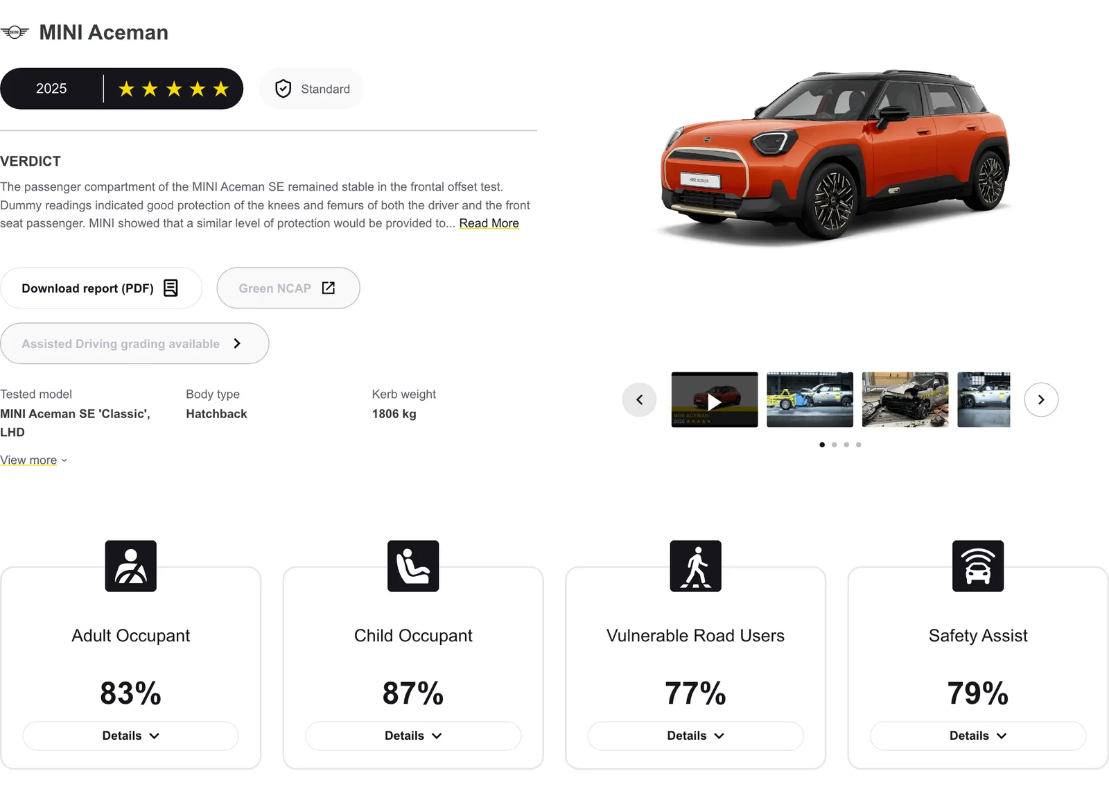 หน้าผลทดสอบ Euro NCAP ของ MINI Aceman ปี 2025 แสดง 5 ดาว รุ่นที่ทดสอบ Aceman SE Classic พวงมาลัยซ้าย น้ำหนัก 1,806 กก. คะแนนผู้ใหญ่ 83% เด็ก 87% ผู้ใช้ถนน 77% ระบบช่วย 79%