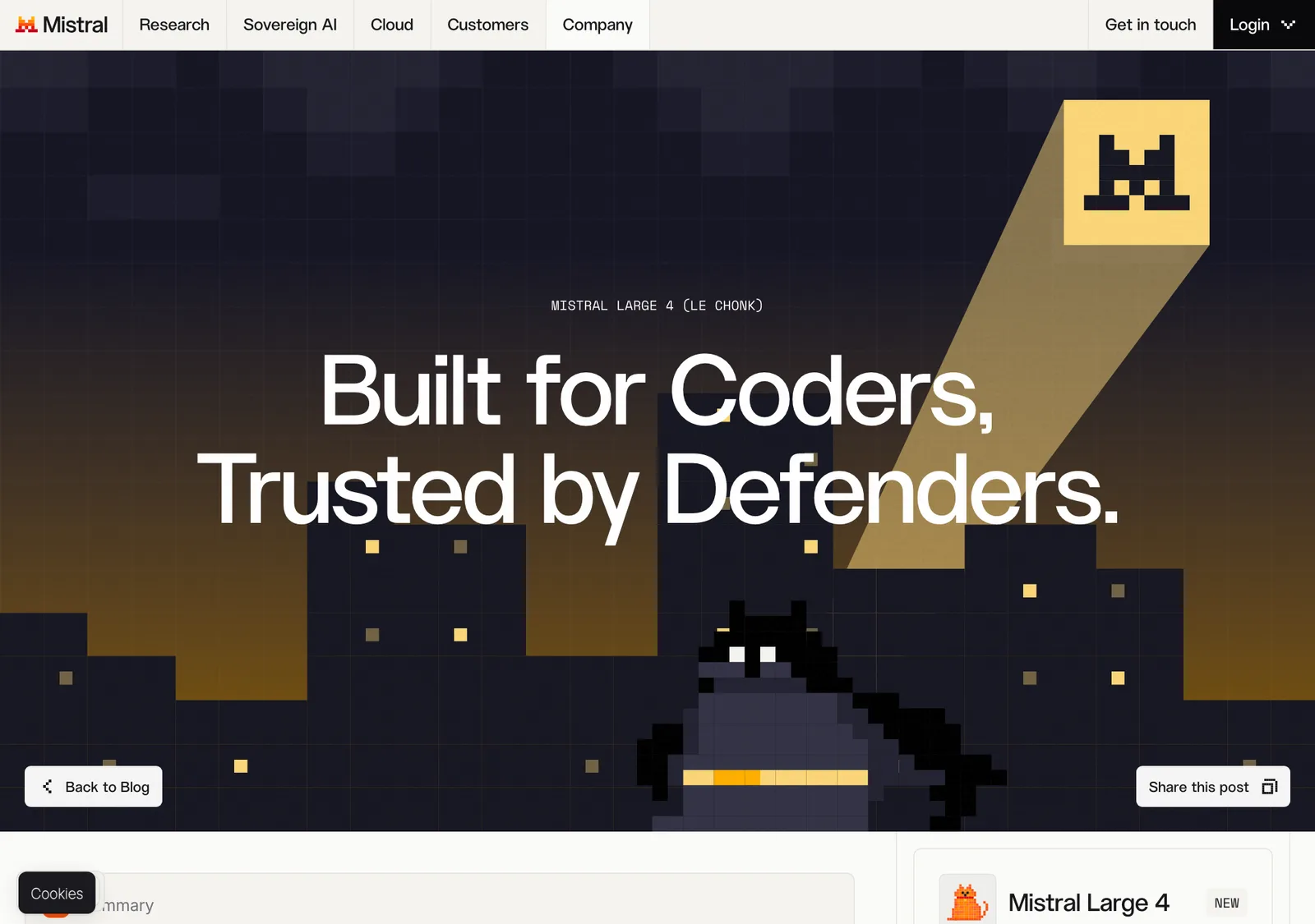 หน้าประกาศ Mistral Large 4 (Le Chonk) พร้อมข้อความ Built for Coders, Trusted by Defenders