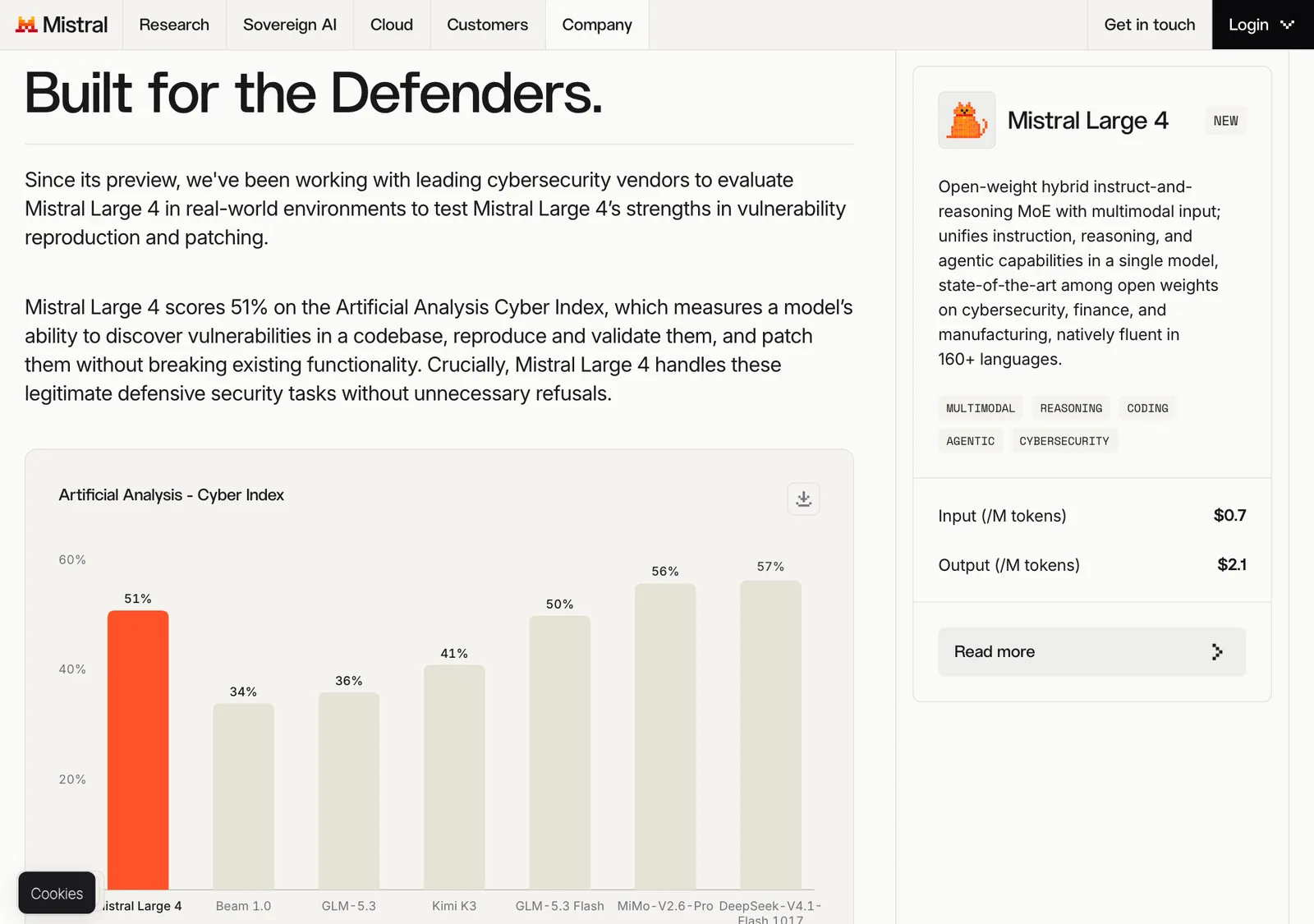 กราฟ Artificial Analysis Cyber Index ในประกาศของ Mistral: Mistral Large 4 51%, DeepSeek-V4.1-Flash 1017 57%, MiMo-V2.6-Pro 56%