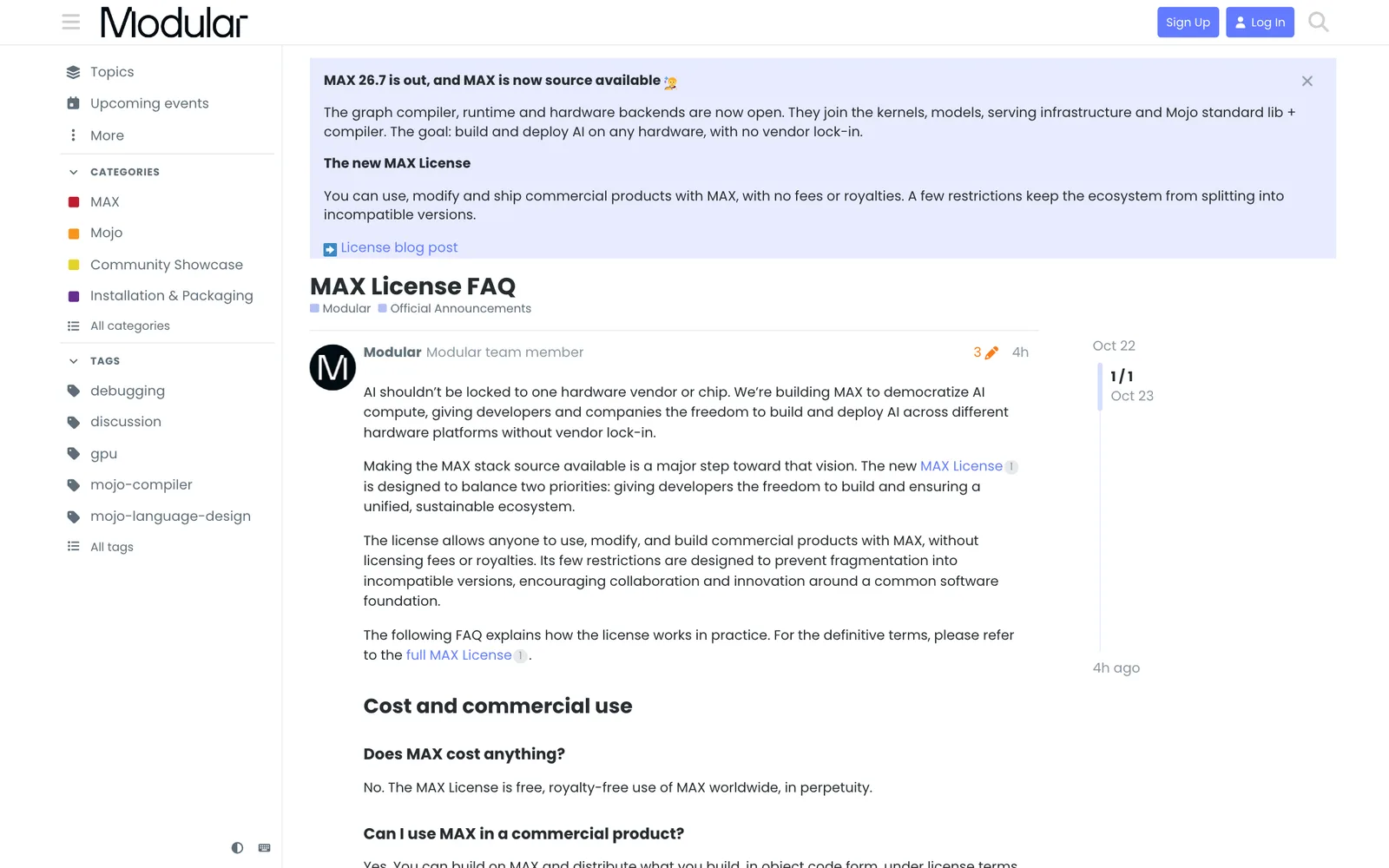 หน้า MAX License FAQ บนฟอรัมของ Modular อธิบายไลเซนส์ Modular MAX เรื่องค่าใช้จ่ายและการใช้เชิงพาณิชย์