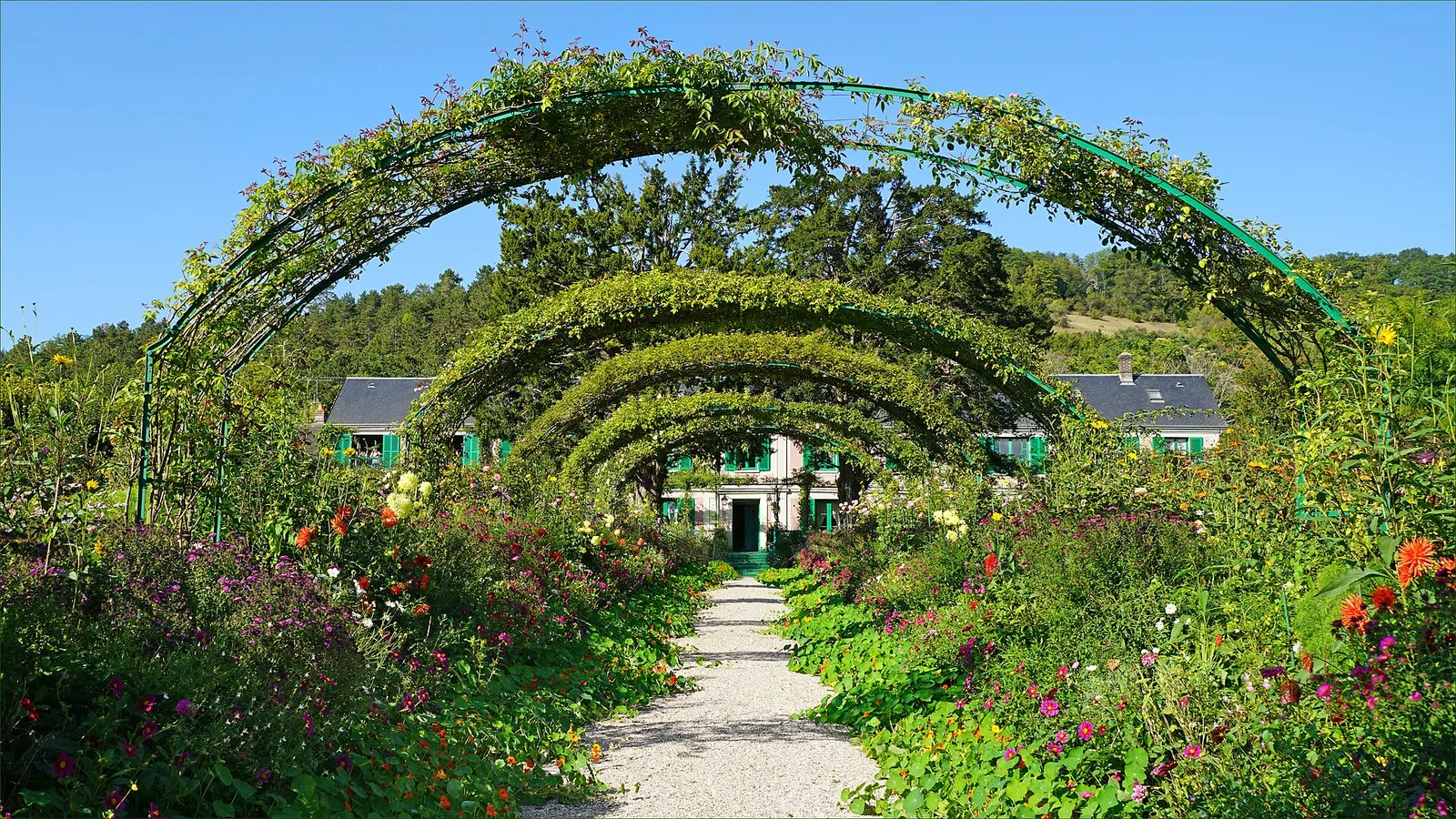 ทางเดินกลางสวน Clos Normand ใต้ซุ้มโค้งโลหะ มองไปยังบ้านโมเนต์ ภาพถ่ายเดือนกันยายน 2019