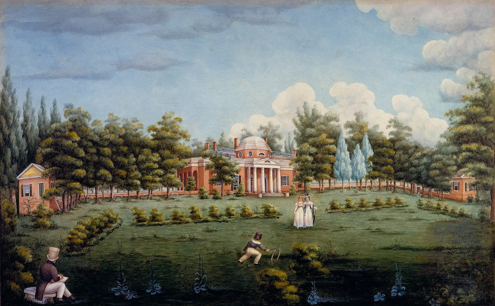 ภาพสีน้ำด้านตะวันตกของบ้าน Monticello และสวน ปี 1825 โดย Jane Braddick Peticolas