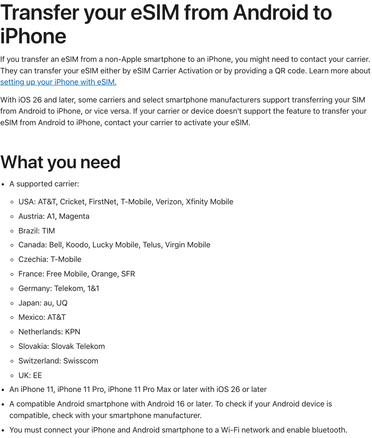 หน้า Transfer your eSIM from Android to iPhone ของ Apple แสดงรายชื่อค่ายที่รองรับในสหรัฐฯ ยุโรป แคนาดา บราซิล เม็กซิโก และญี่ปุ่น พร้อมเงื่อนไข iOS 26 และ Android 16