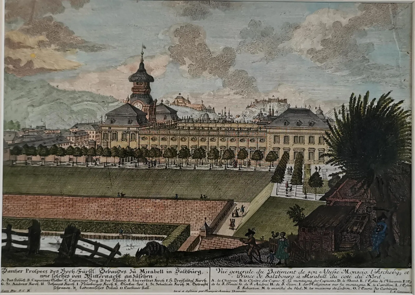 ภาพพิมพ์ทัศนียภาพอาคารและสวน Mirabell โดย Johann August Corvinus ราวปี 1735