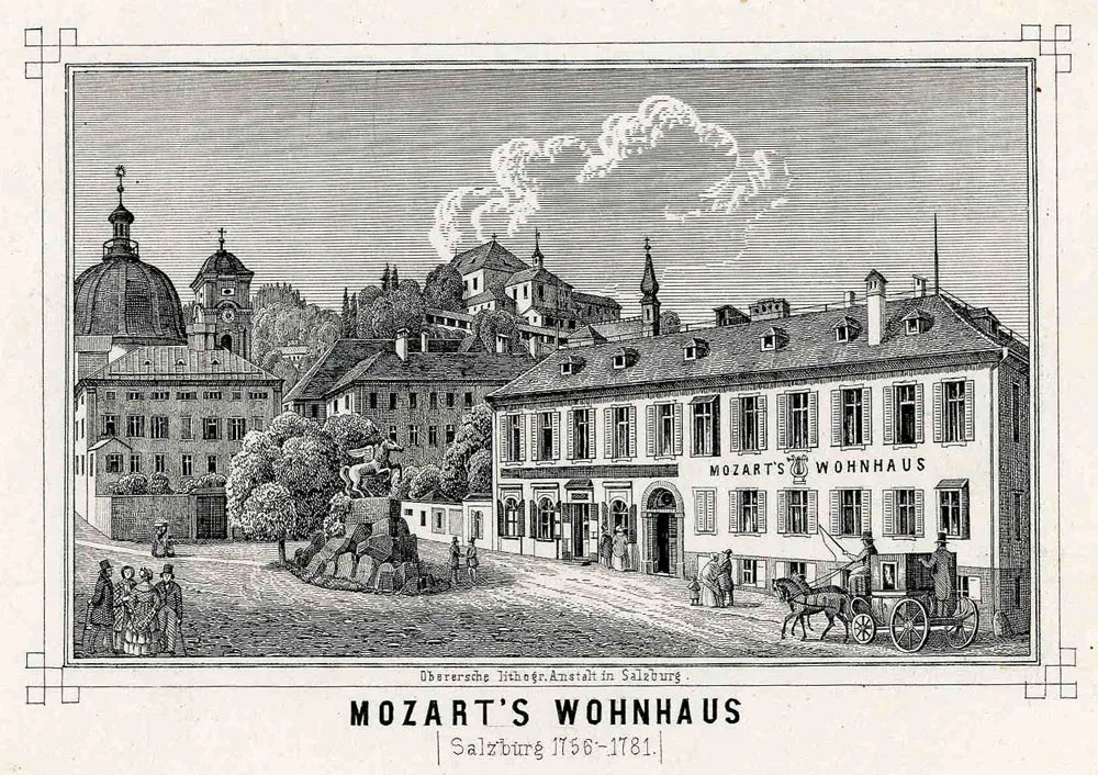 ภาพพิมพ์หิน Mozarts Wohnhaus ที่ Makartplatz ราวปี 1860