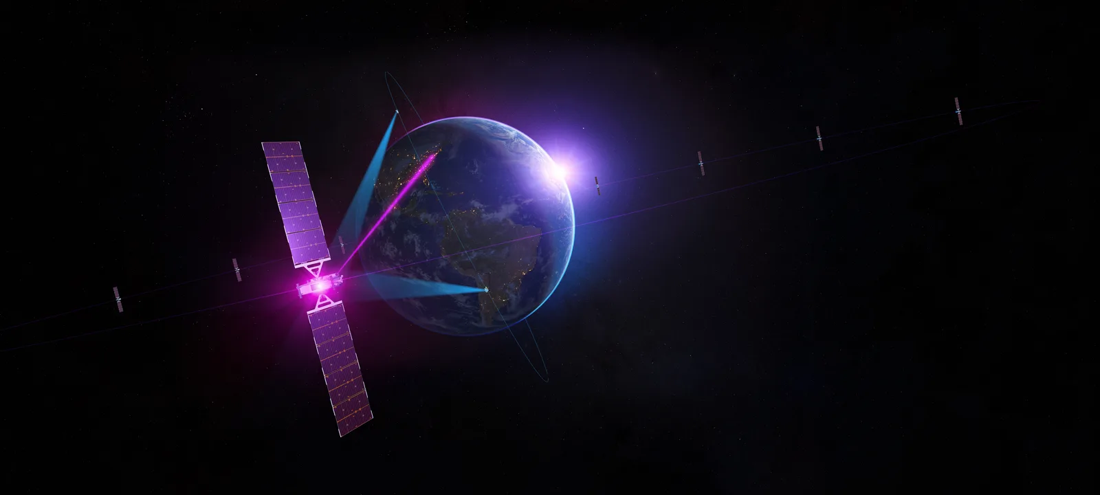 ภาพวาดจำลองบริการรีเลย์ข้อมูลผ่านดาวเทียมของ SES Space and Defense สำหรับยานในวงโคจรต่ำ