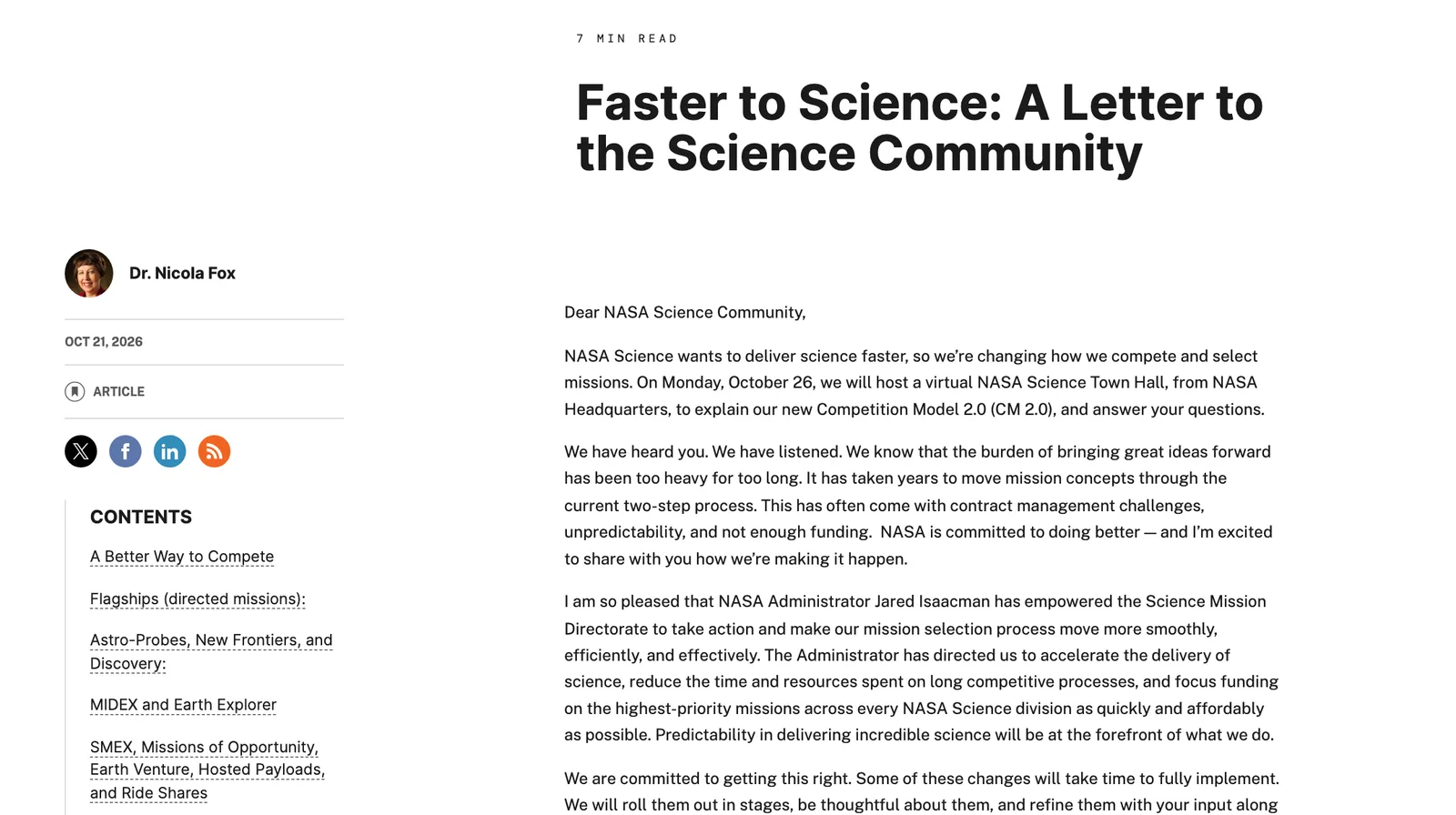 ภาพหน้าจอจดหมาย Faster to Science ของ NASA ที่ประกาศ NASA Competition Model 2.0 ลงวันที่ 21 ตุลาคม 2026