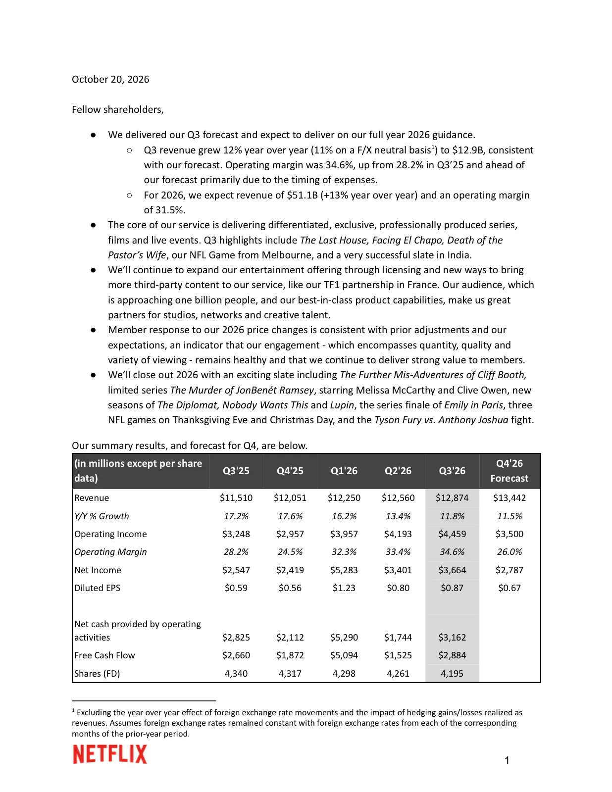 หน้าแรกของจดหมายถึงผู้ถือหุ้น Netflix Q3 2026 ลงวันที่ 20 ตุลาคม 2026 มีสรุปผลและตารางรายได้ กำไร และคาดการณ์ Q4 2026