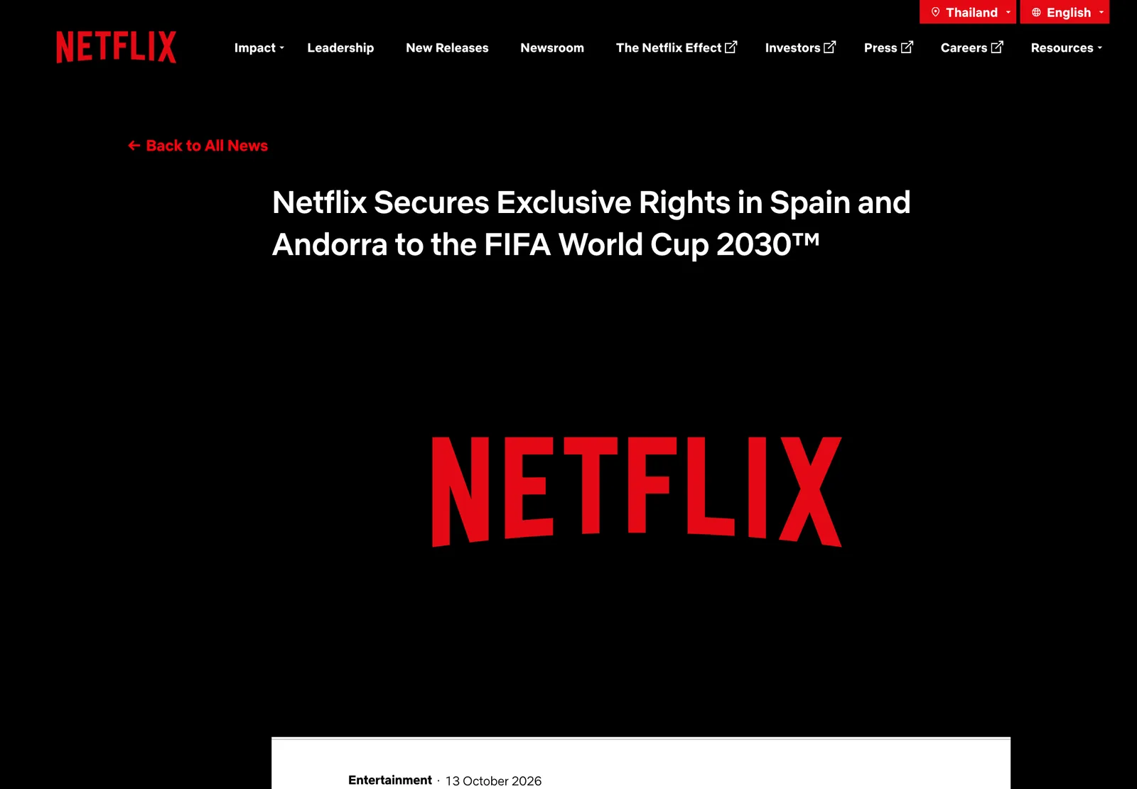 หน้าประกาศ Netflix Secures Exclusive Rights in Spain and Andorra to the FIFA World Cup 2030 บนเว็บไซต์ About Netflix ลงวันที่ 13 ตุลาคม 2026 ประกาศดีล Netflix ฟุตบอลโลก 2030