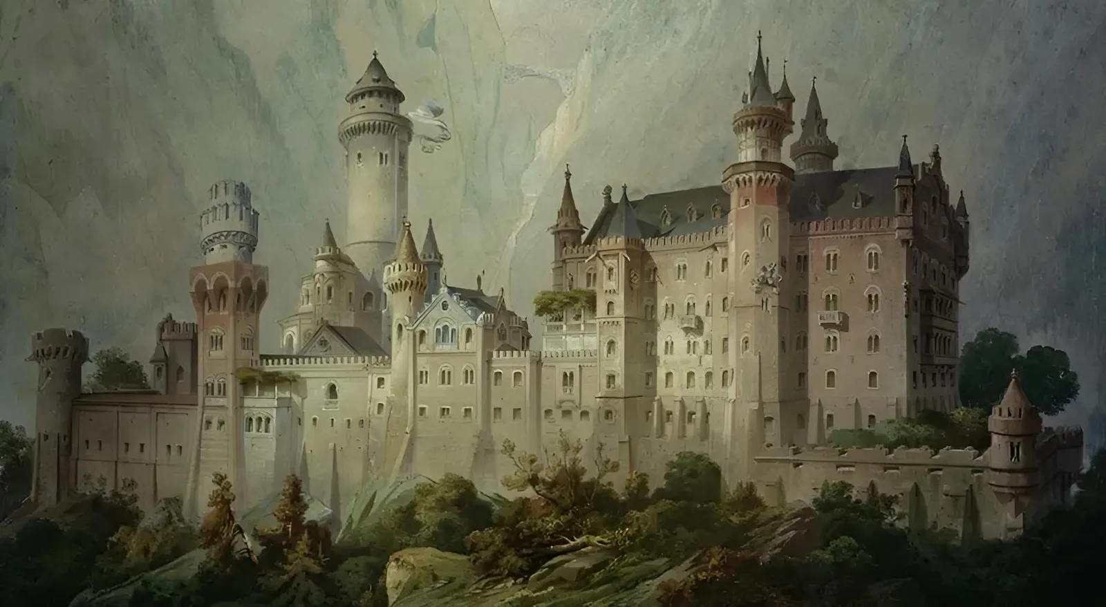 ภาพร่างปราสาท Neue Burg Hohenschwangau ของ Christian Jank ปี 1869 มีหอคอยสูงหลายหอบนเนินหิน