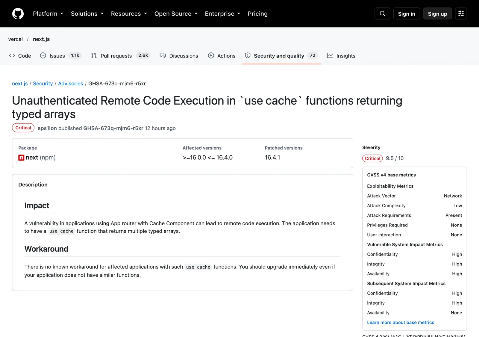 หน้า GitHub Security Advisory GHSA-673q-mjm6-r5xr ของ vercel/next.js ระดับ Critical คะแนน 9.5 รุ่นที่ได้รับผลกระทบ 16.0.0 ถึง 16.4.0 รุ่นที่แก้แล้ว 16.4.1