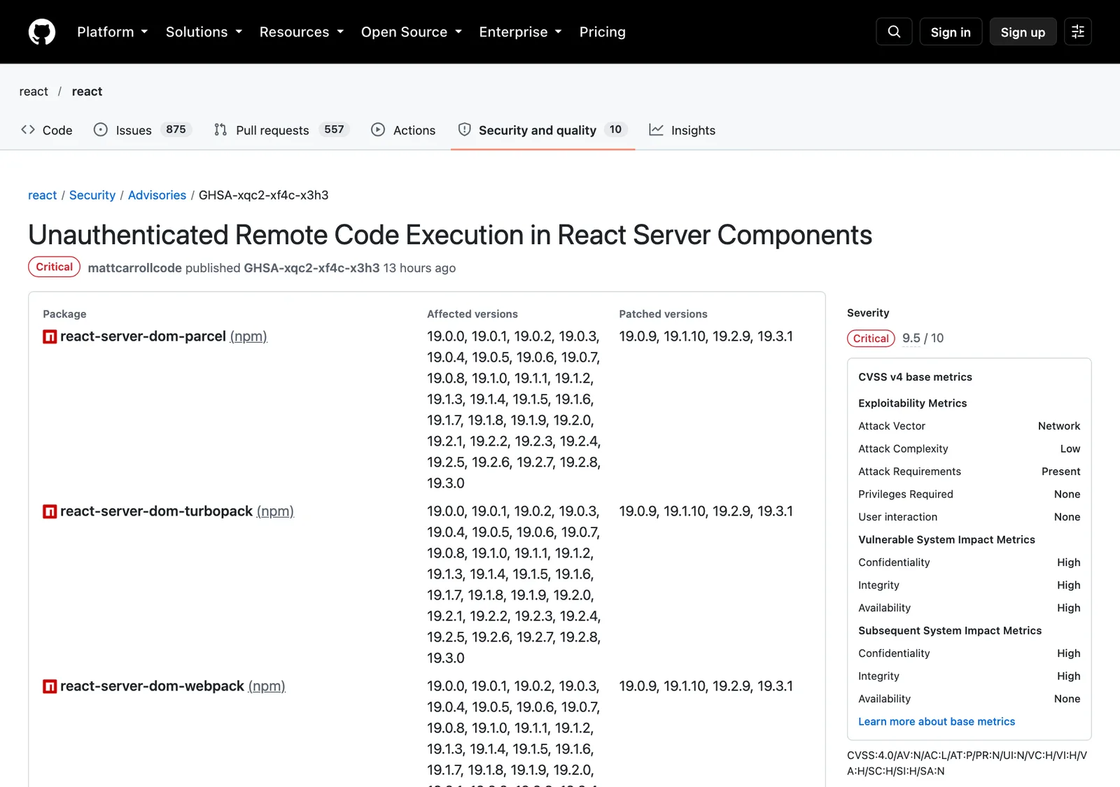 หน้า GitHub Security Advisory GHSA-xqc2-xf4c-x3h3 ของ React ระดับ Critical คะแนน 9.5 แสดงแพ็กเกจ react-server-dom ที่ได้รับผลกระทบและรุ่นที่แก้แล้ว 19.0.9, 19.1.10, 19.2.9 และ 19.3.1