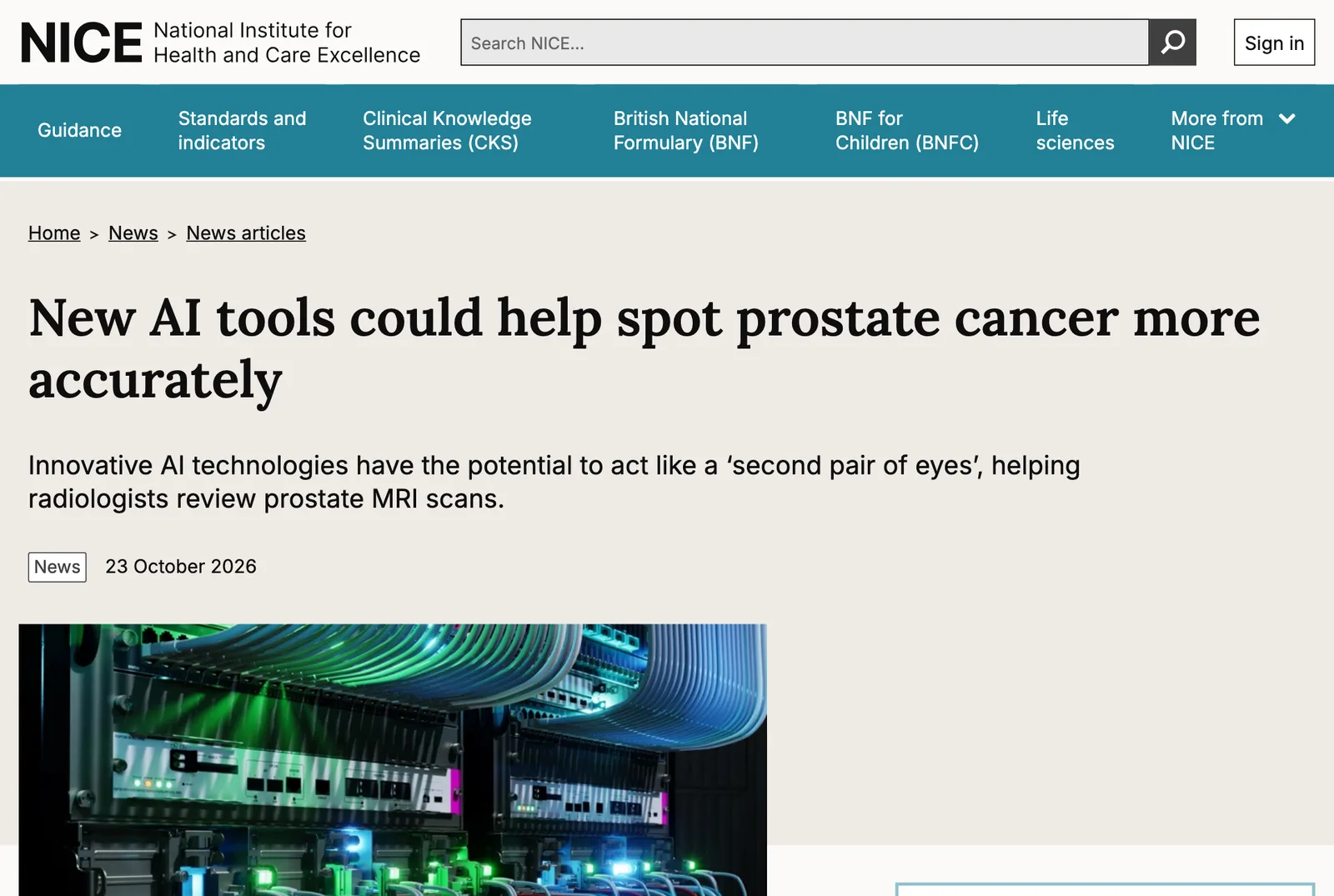 หน้าข่าวของ NICE ลงวันที่ 23 ตุลาคม 2026 หัวข้อ New AI tools could help spot prostate cancer more accurately เรื่อง NICE AI มะเร็งต่อมลูกหมาก