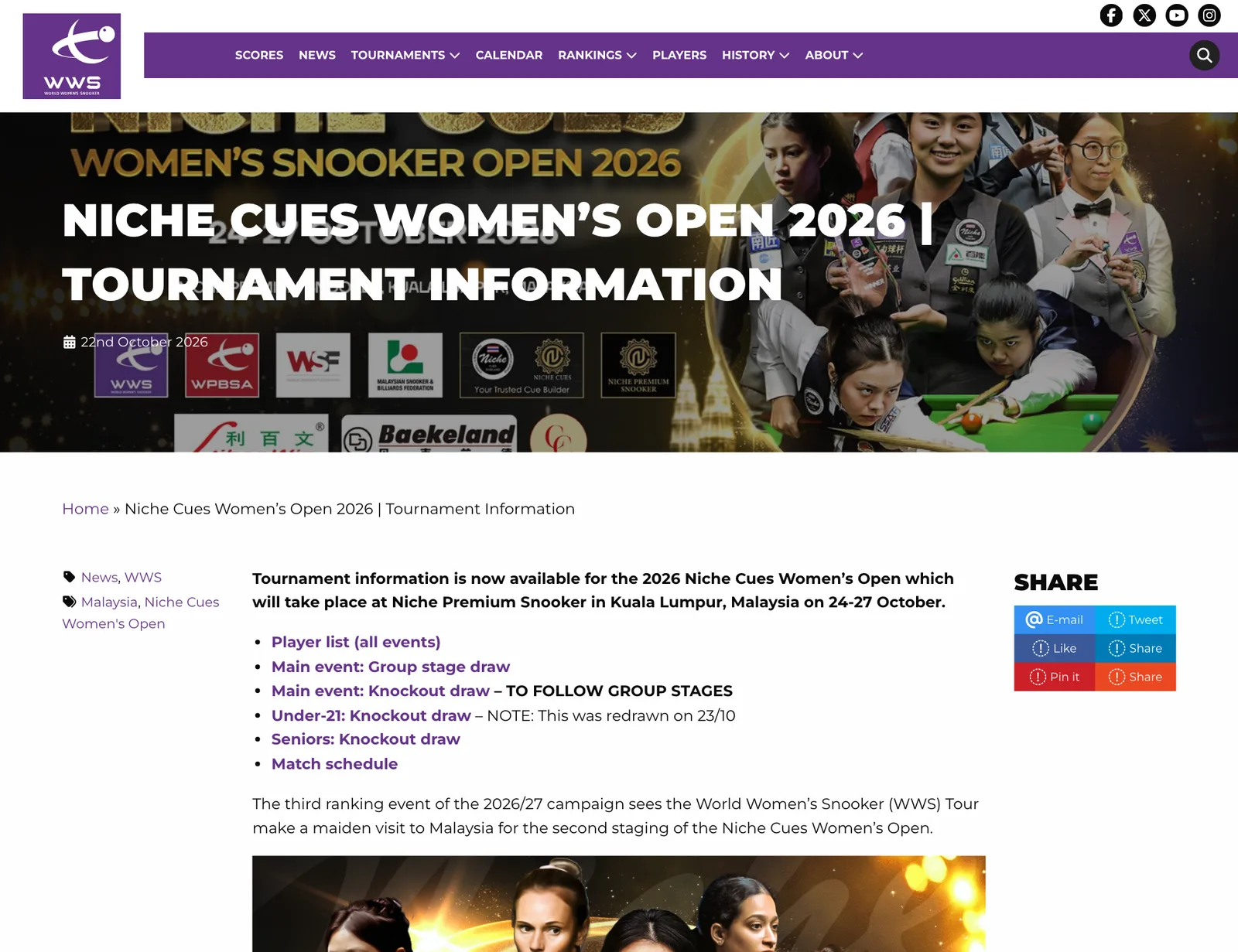 ภาพหน้าจอหน้าข้อมูลการแข่งขัน สนุกเกอร์หญิง Niche Cues Women's Open 2026 บนเว็บไซต์ World Women's Snooker แข่งที่ Niche Premium Snooker กัวลาลัมเปอร์ 24–27 ตุลาคม