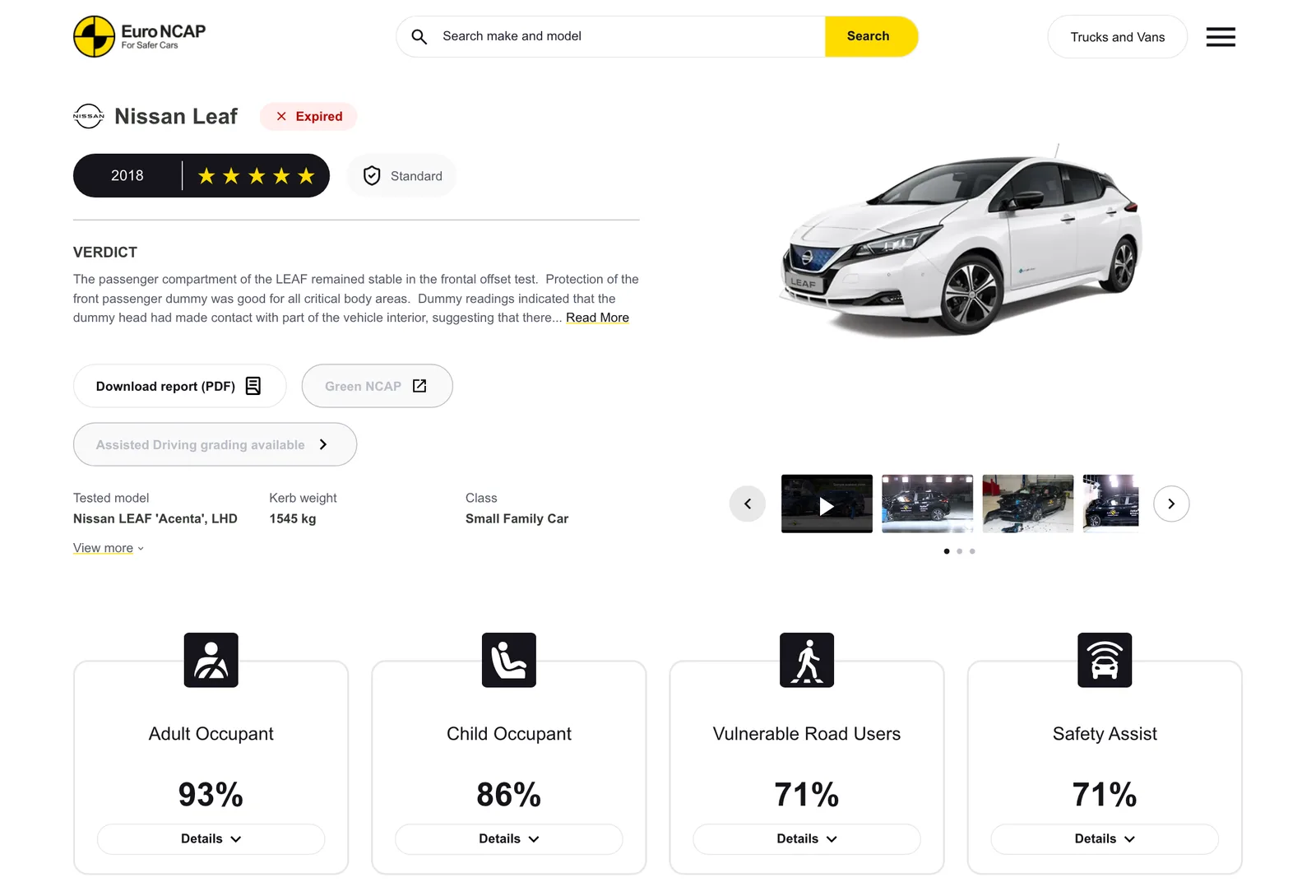 หน้าผลทดสอบ Euro NCAP ของ Nissan Leaf ปี 2018 มีป้าย Expired แสดง 5 ดาว คะแนนผู้ใหญ่ 93% เด็ก 86% ผู้ใช้ถนน 71% และระบบช่วย 71%