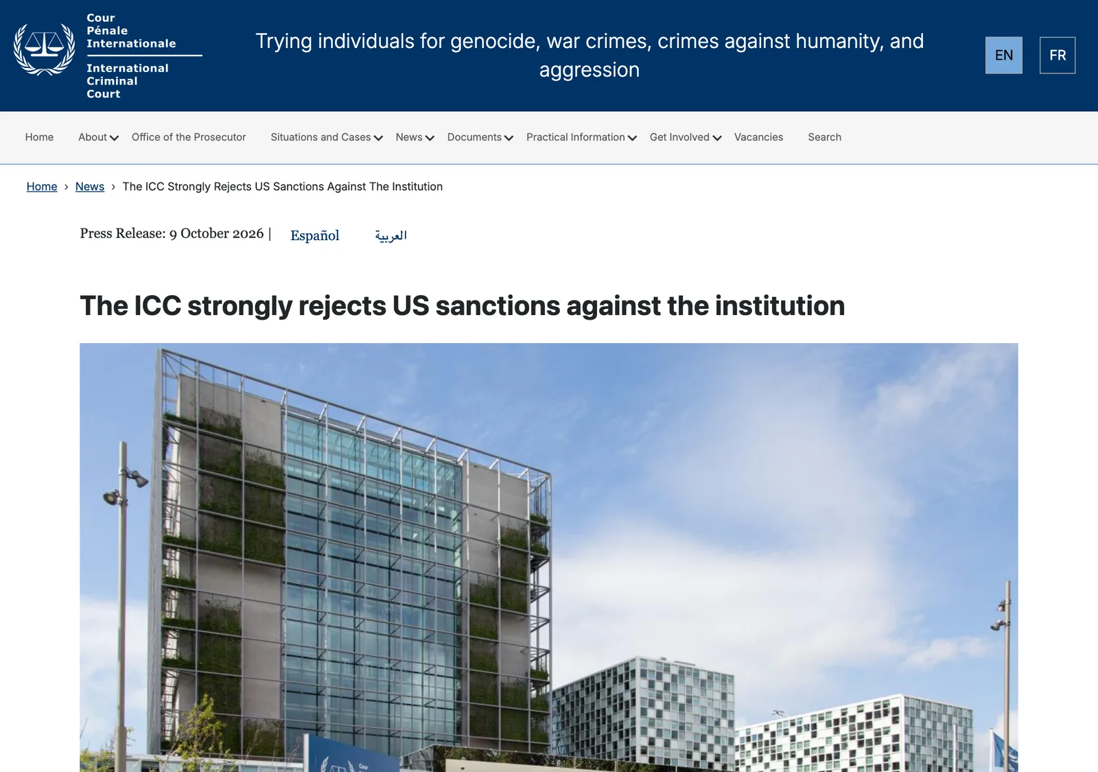 ข่าวประชาสัมพันธ์ของศาลอาญาระหว่างประเทศ (ICC) วันที่ 9 ตุลาคม 2026 หัวข้อ The ICC strongly rejects US sanctions against the institution