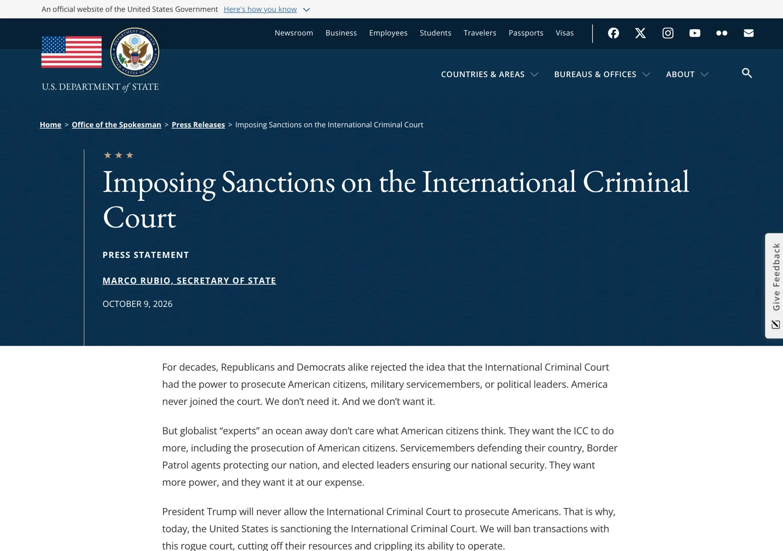 ถ้อยแถลงของ Marco Rubio รัฐมนตรีว่าการกระทรวงการต่างประเทศสหรัฐฯ เรื่อง Imposing Sanctions on the International Criminal Court วันที่ 9 ตุลาคม 2026