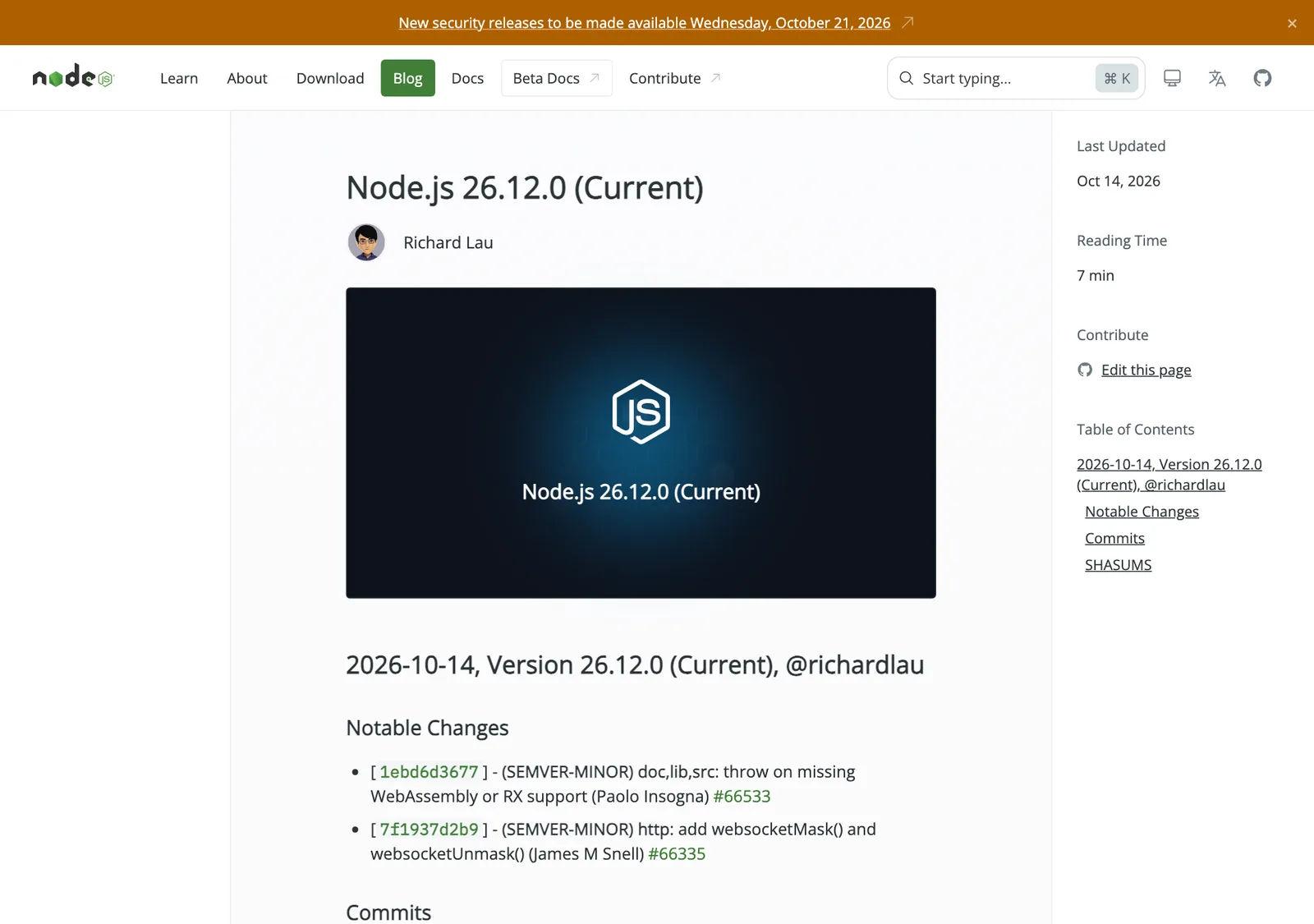 หน้า release notes ของ Node.js 26.12.0 สาย Current วันที่ 14 ตุลาคม 2026 แสดง Notable Changes เรื่อง WebAssembly และ websocketMask()