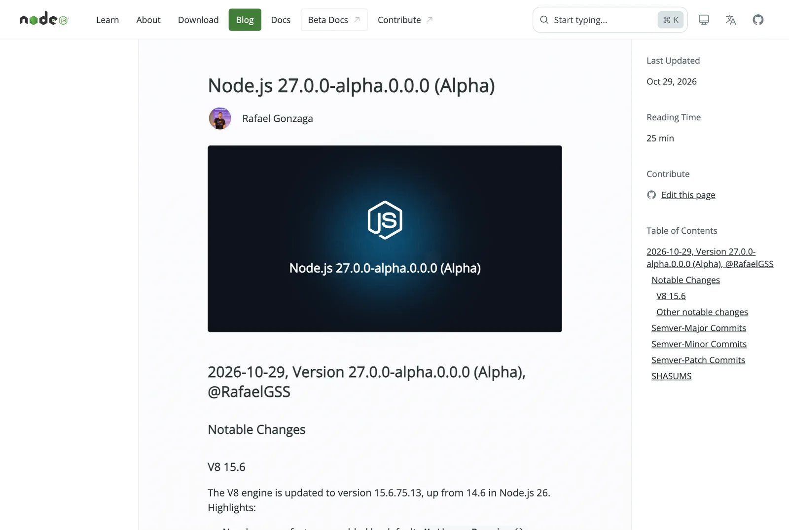 หน้า Release ของ Node.js 27 alpha รุ่น 27.0.0-alpha.0.0.0 วันที่ 29 ตุลาคม 2026