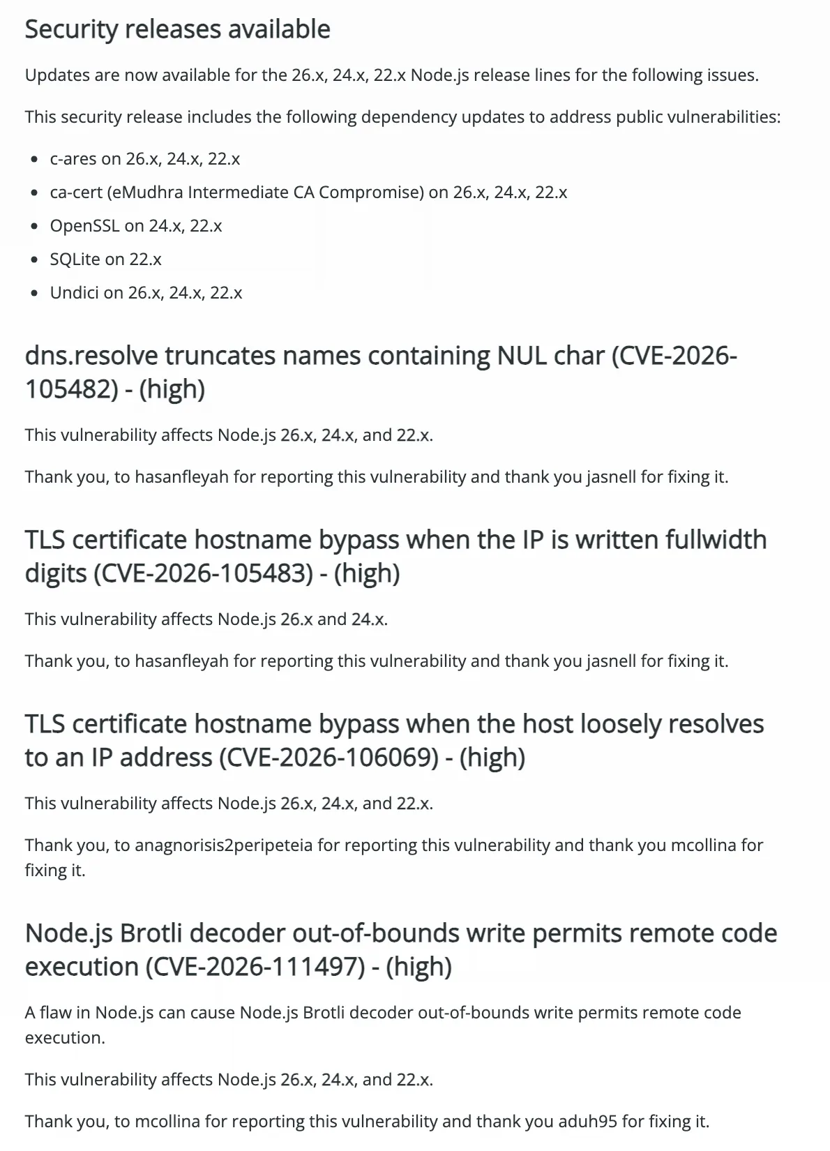 ประกาศ Wednesday, October 21, 2026 Security Releases ของ Node.js แสดงรายการ dependency ที่อัปเดตและช่องโหว่ระดับ high รวม CVE-2026-111497 Brotli decoder out-of-bounds write