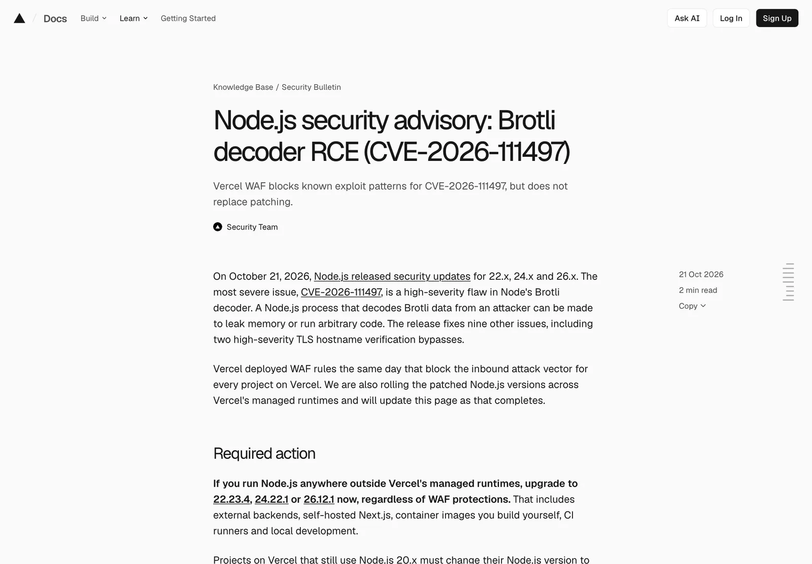 ประกาศ Security Bulletin ของ Vercel วันที่ 21 ตุลาคม 2026 เรื่อง Node.js Brotli decoder RCE CVE-2026-111497 พร้อมคำแนะนำให้อัปเดตเป็น 22.23.4, 24.22.1 หรือ 26.12.1