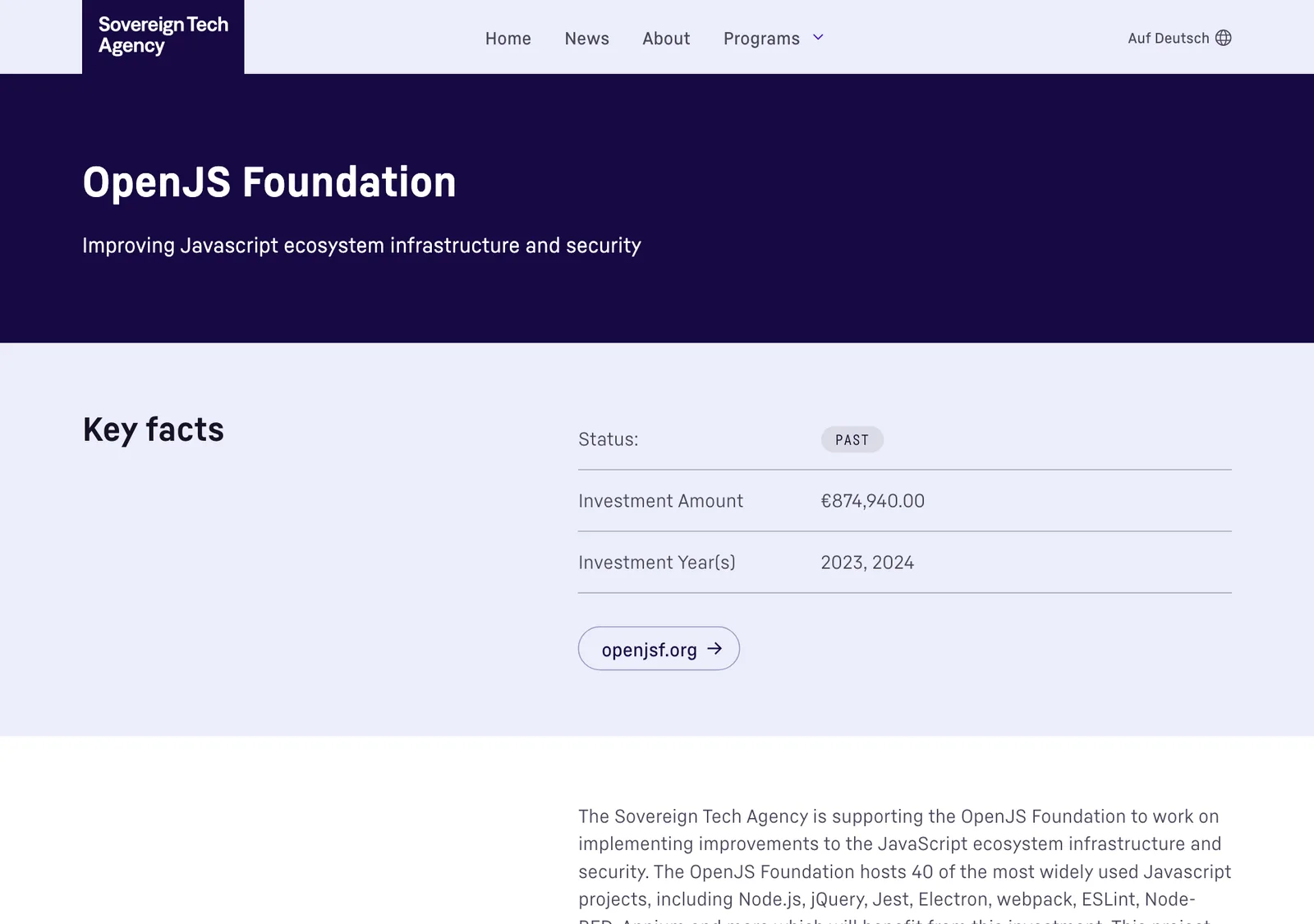 หน้า OpenJS Foundation บนเว็บ Sovereign Tech Agency แสดงการลงทุน 874,940 ยูโรในปี 2023 และ 2024