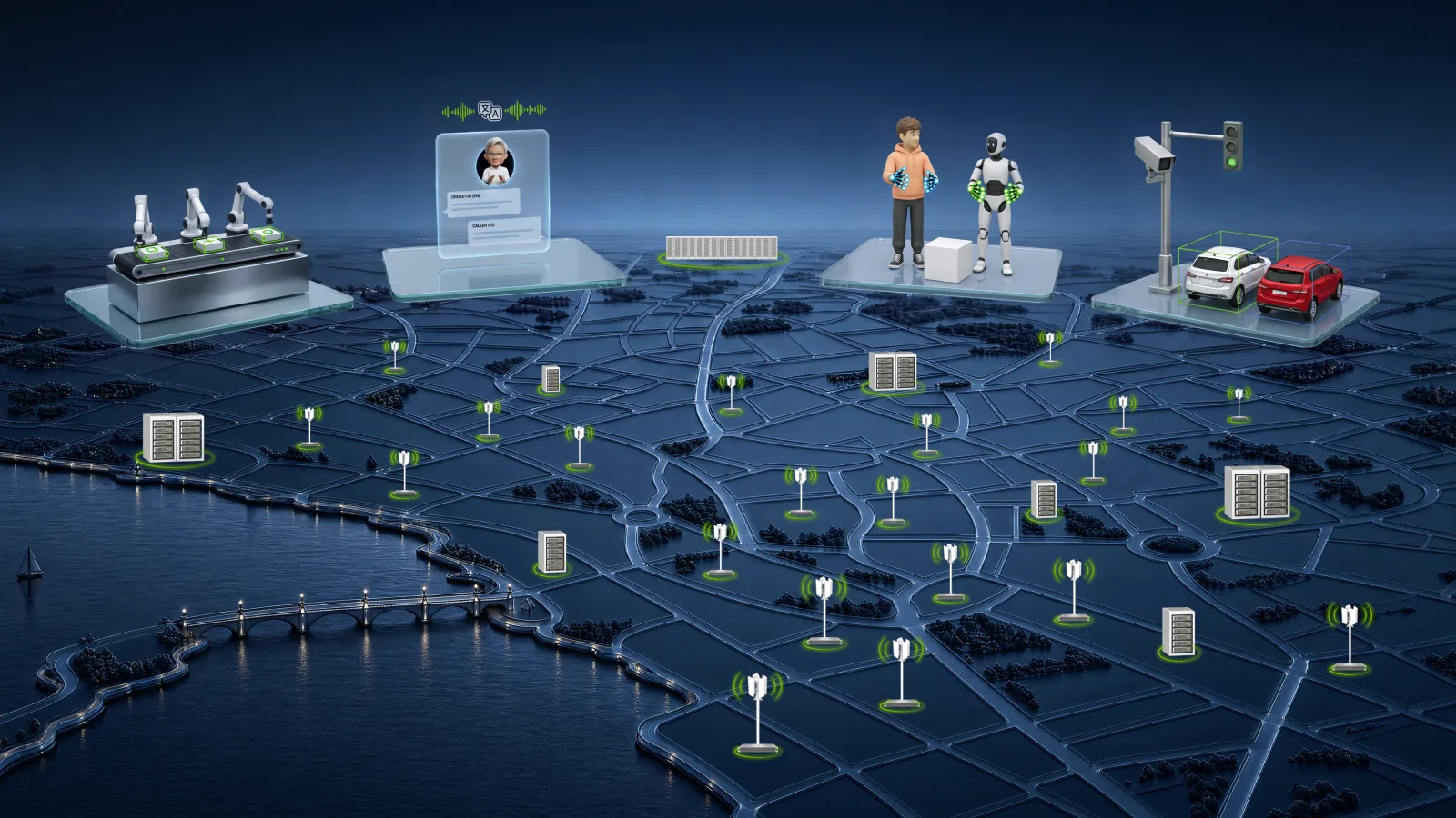 ภาพกราฟิกของ NVIDIA แสดงเครือข่ายโทรคมนาคมที่มีเสาสัญญาณและเซิร์ฟเวอร์กระจายทั่วเมือง ให้บริการงาน AI อย่างหุ่นยนต์ในโรงงาน ผู้ช่วยเสียง และกล้องจราจร