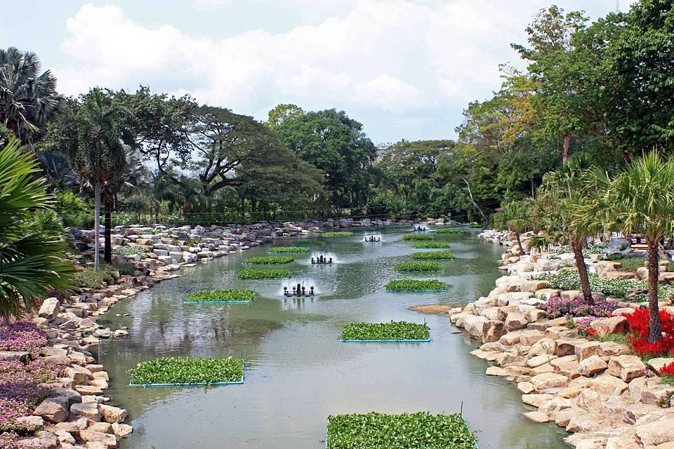 ลำน้ำและแก่งหินในสวนนงนุช มองจากสะพานเชือก